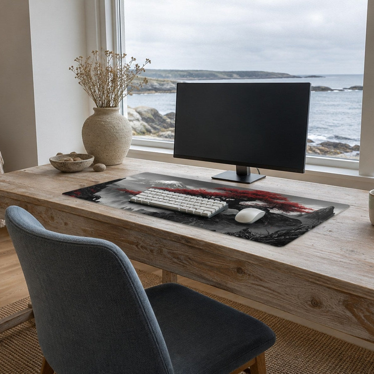 A driftwood desk by a window overlooking the sea, with a long desk mat showing a red and black ink wash mountain landscape under a keyboard and mouse.