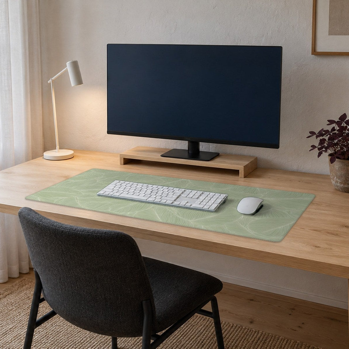 A bright home office with a pale oak desk by a window, a sage green desk mat with white leaf line art under a white keyboard and mouse, and a plant and lamp beside the mat.