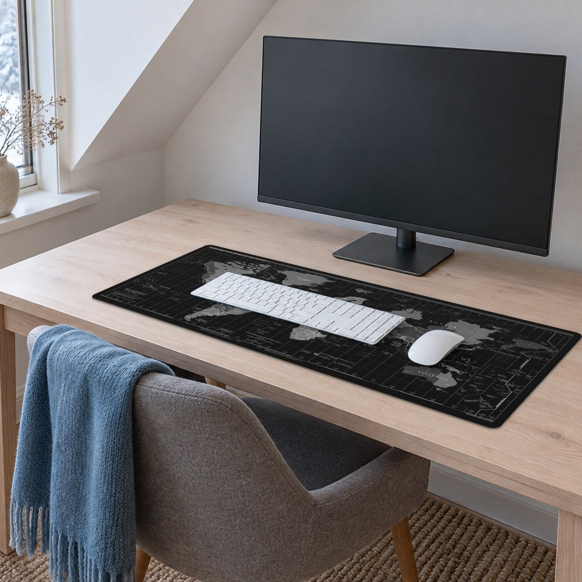 A bright attic study with snow outside the window. A large black-and-white world map desk mat covers most of a pale wooden desk, with a white keyboard and a mouse on it, a monitor behind them and a grey chair pushed in.