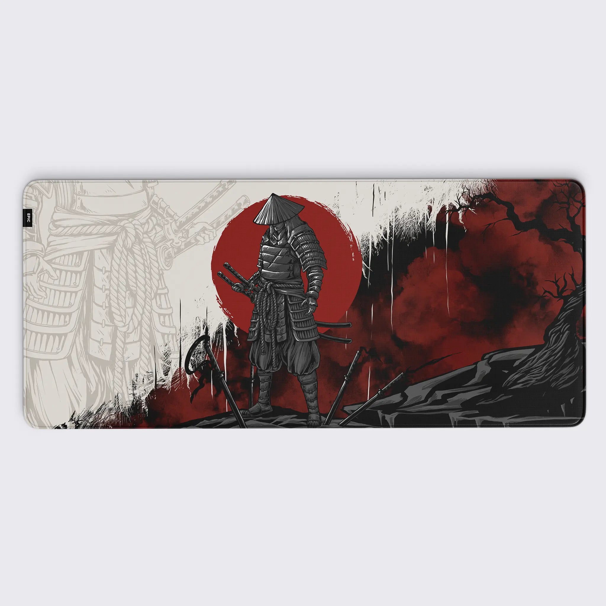a stoic warrior clad in traditional armor, standing against a dramatic red circle symbolizing the rising sun. The design features rich contrasts of black, white, and deep crimson, creating a striking and intense atmosphere. A backdrop of barren trees and swirling mist enhances the sense of mystery and timeless honor, making it a bold and captivating addition to any workspace.