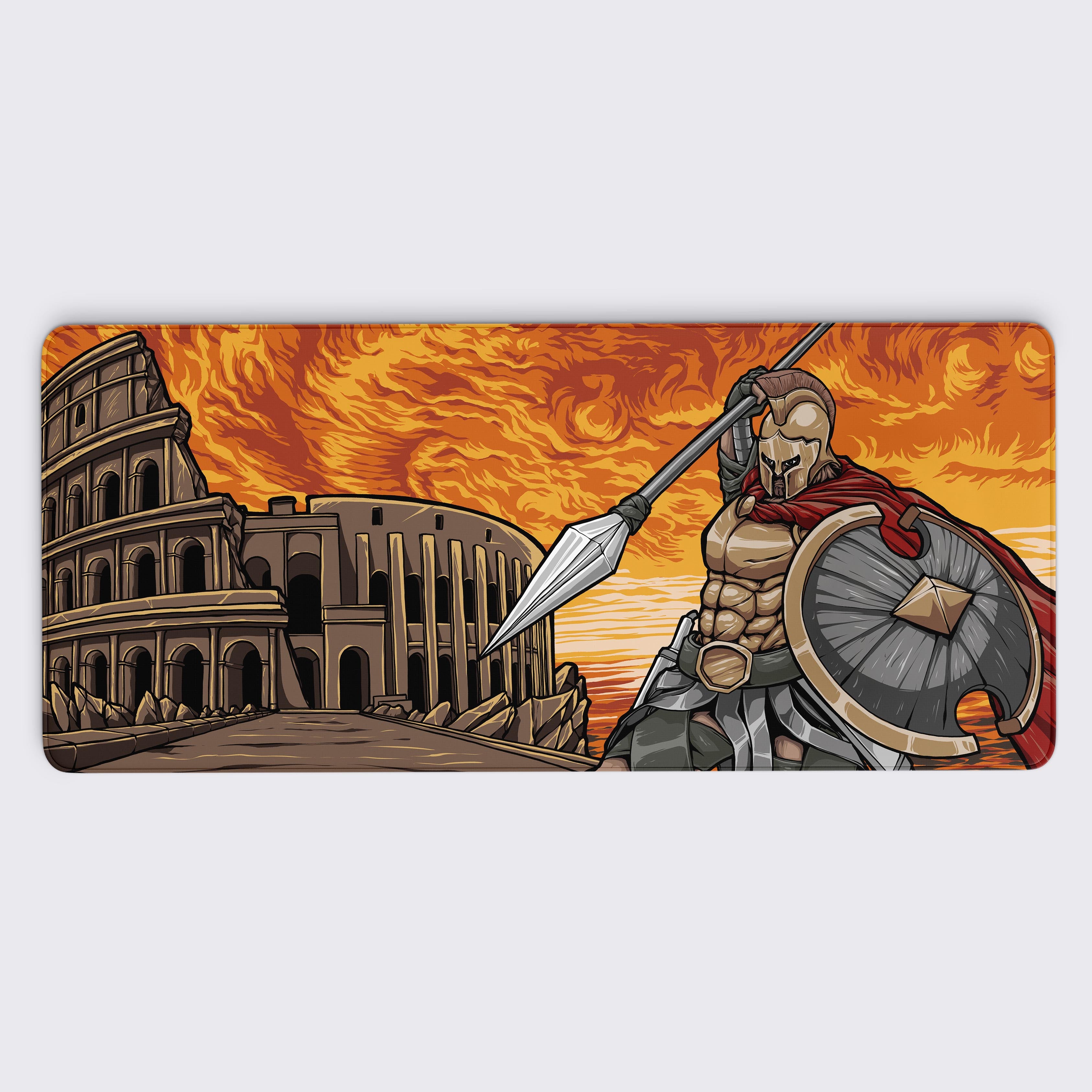 a dynamic Spartan warrior armed with a spear and shield, standing in front of the iconic Roman Colosseum. The vibrant orange sky adds a fiery intensity, evoking the heat of battle and the strength of ancient warriors. Perfect for history enthusiasts or fans of epic designs, it brings power and character to any workspace.