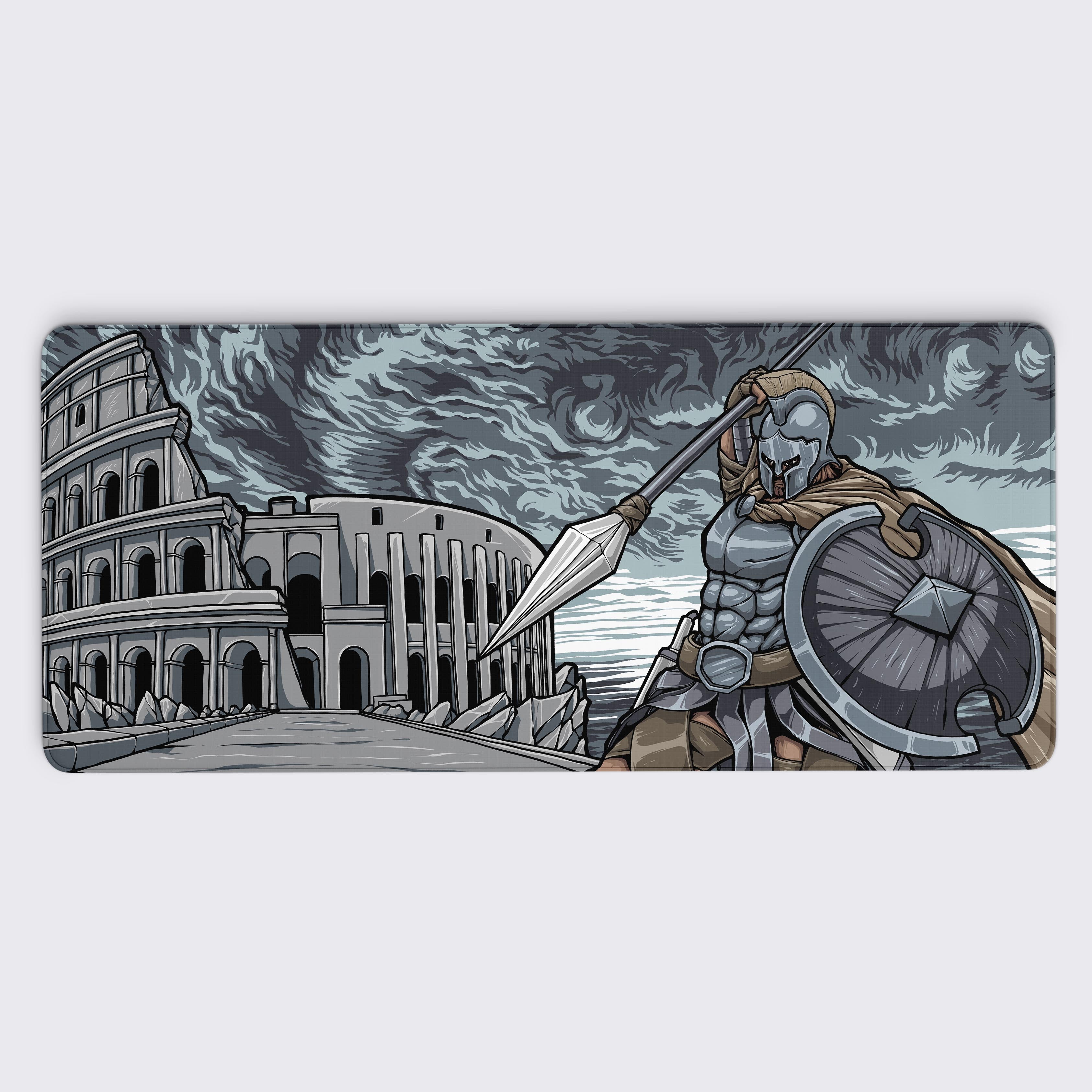 This desk mat features a striking Spartan warrior, clad in traditional armor, including a crested helmet, shield, and spear. The design captures the Spartan’s strength and determination, set against a backdrop of a stormy sky and the grand Colosseum-like structure. The grayscale tones and dramatic clouds create an intense, battle-ready atmosphere, emphasizing the warrior’s resilience and readiness for combat. This design evokes a sense of history, bravery, and power.
