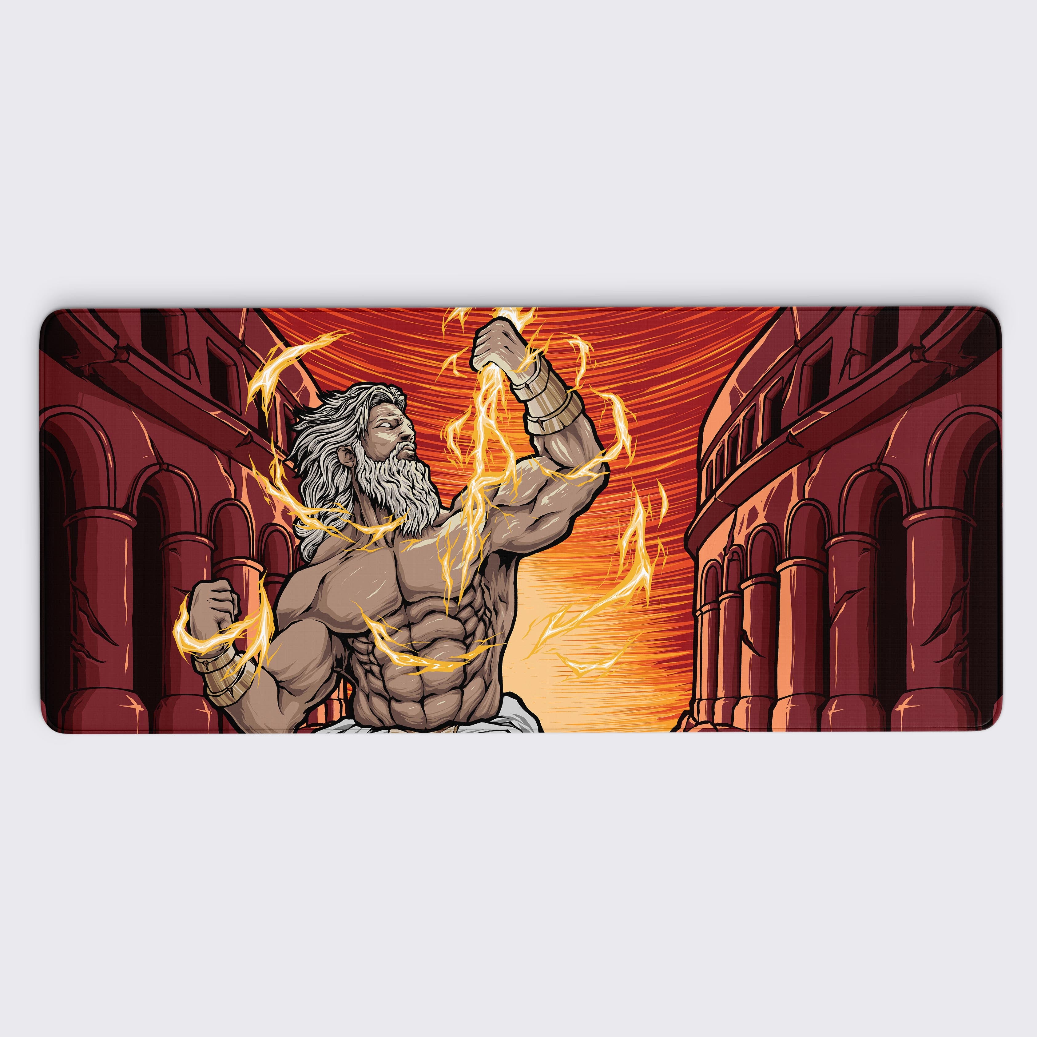 This desk mat features Zeus, the king of the Greek gods, commanding the sky with his signature lightning bolts. His muscular figure and determined expression exude power and authority as electricity crackles around his fists. The background showcases grand, ancient architecture under a fiery, glowing sky, emphasizing his divine dominance and the awe-inspiring atmosphere of Mount Olympus. This dynamic and electrifying design captures the majesty and might of Zeus in stunning detail.
