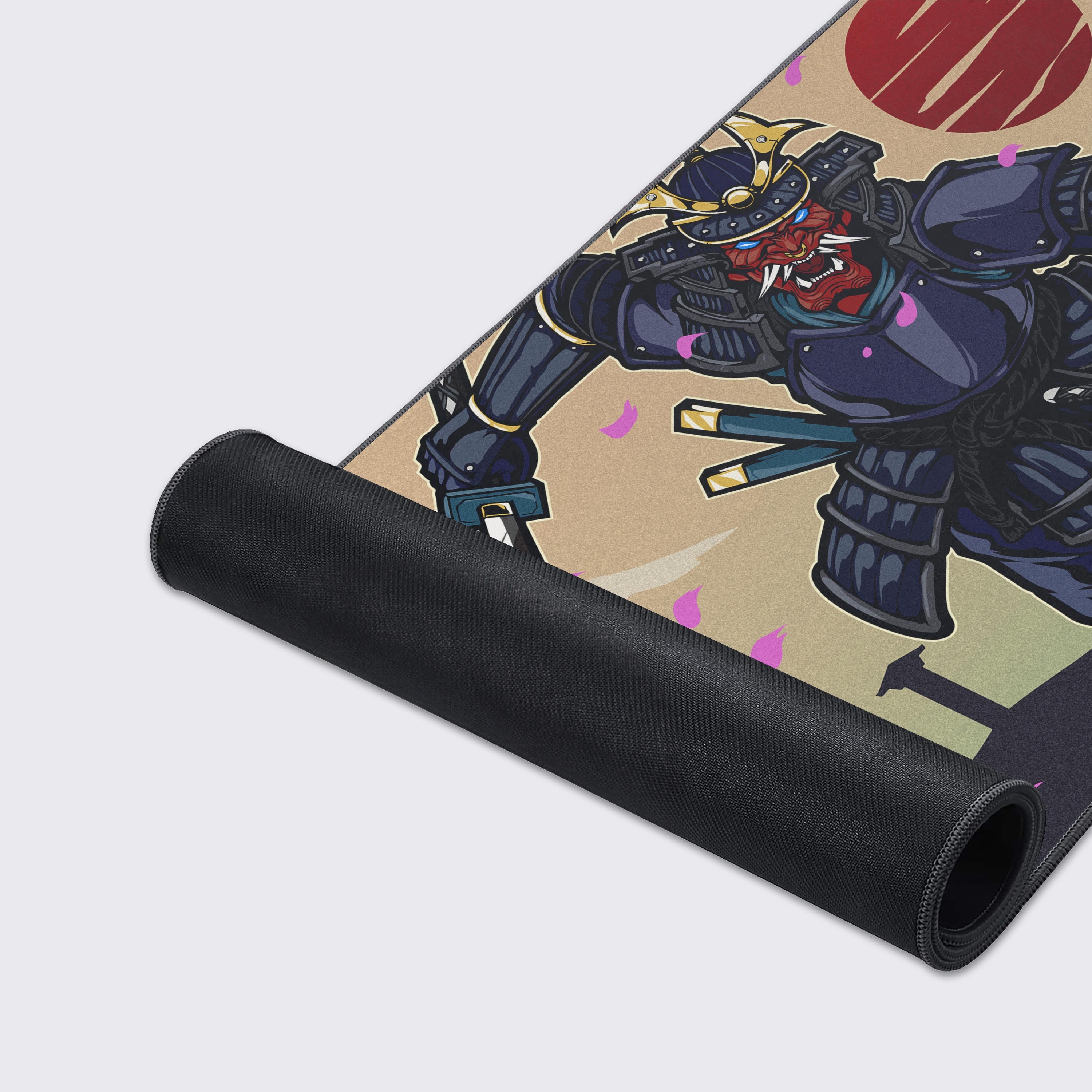 This desk mat showcases a bold samurai-inspired design, featuring a fierce warrior in traditional armor, dual-wielding katanas in a dynamic pose. The background highlights a Japanese setting with silhouettes of Torii gates, mountains, a pagoda, and a cherry blossom tree with falling petals. A red sun adds a dramatic touch, enhancing the traditional Japanese aesthetic. This design merges strength and cultural symbolism, making it ideal for enthusiasts of samurai lore and Japanese art.