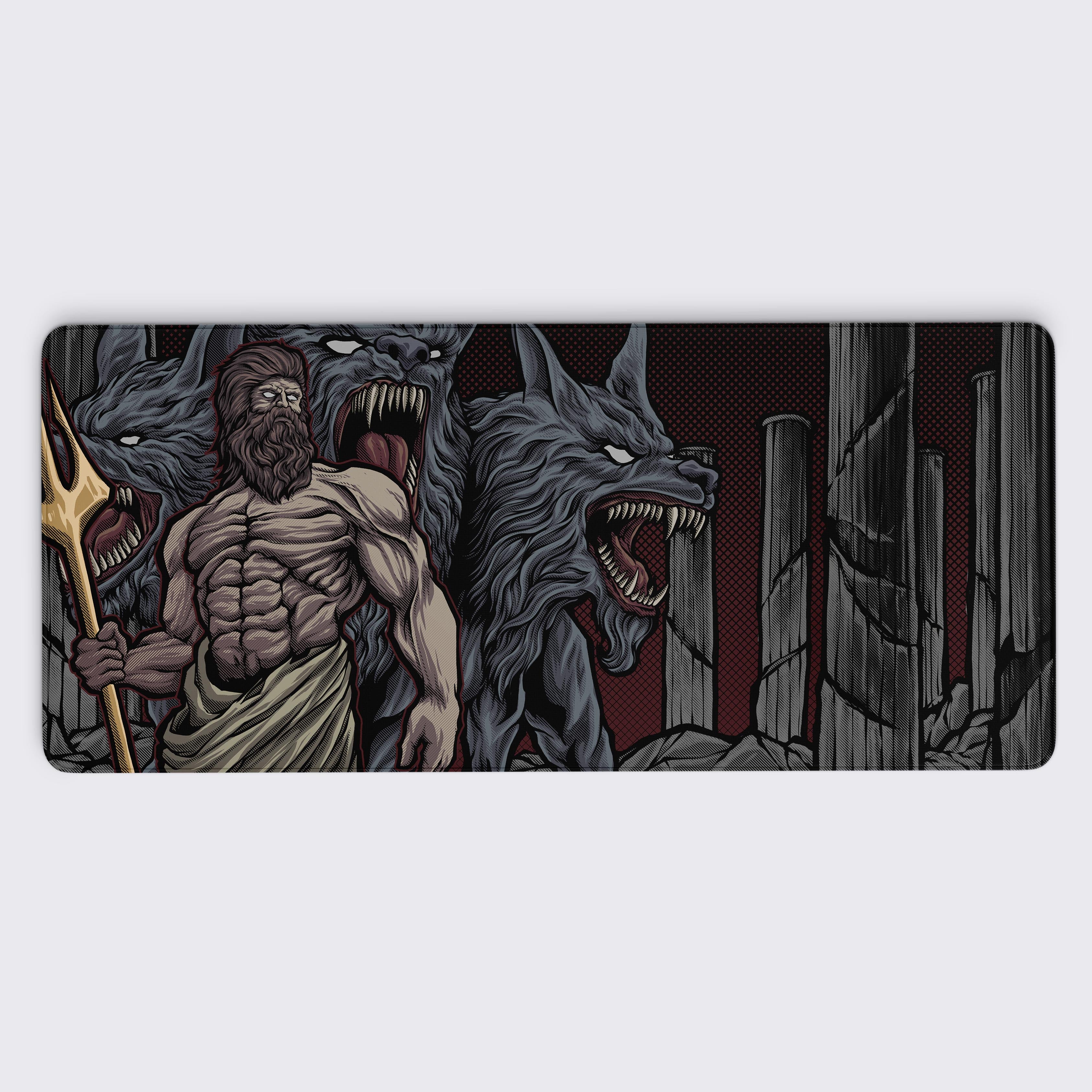 This desk mat showcases a powerful depiction of Hades, the Greek god of the underworld. Hades stands confidently with a trident, his muscular form exuding strength and authority. Behind him looms Cerberus, the iconic three-headed guard dog of the underworld, with its snarling heads emphasizing menace and dominance. The background features broken ancient columns and a dark red gradient, symbolizing the underworld’s eerie and foreboding realm. This design perfectly captures the mythological essence of Hades