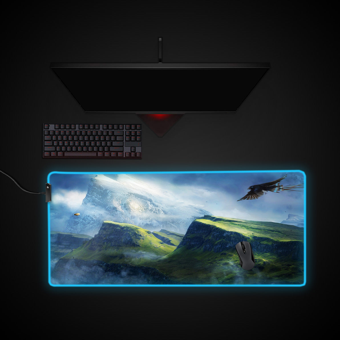 Panoramic Mountains Desk Pad desk mat with RGB edge lighting