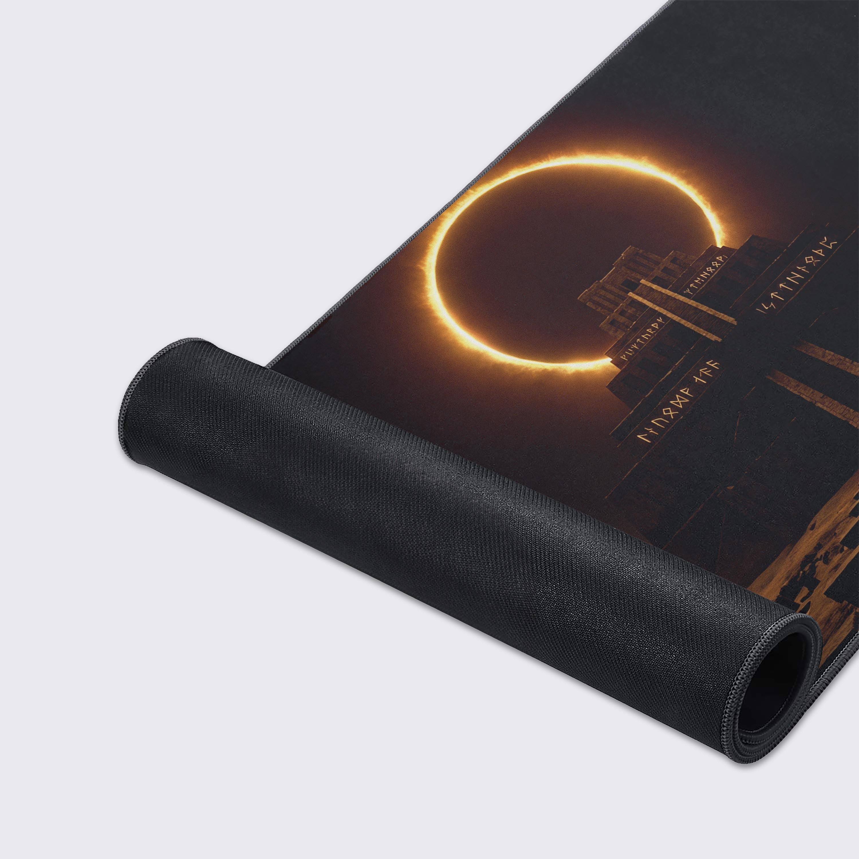 Close-up of the Celestial Gate Gaming Desk Mat showing the high-quality fabric texture and durable stitched edges, highlighting the mysterious ziggurat design. - Epic Design Pads & Mousepads