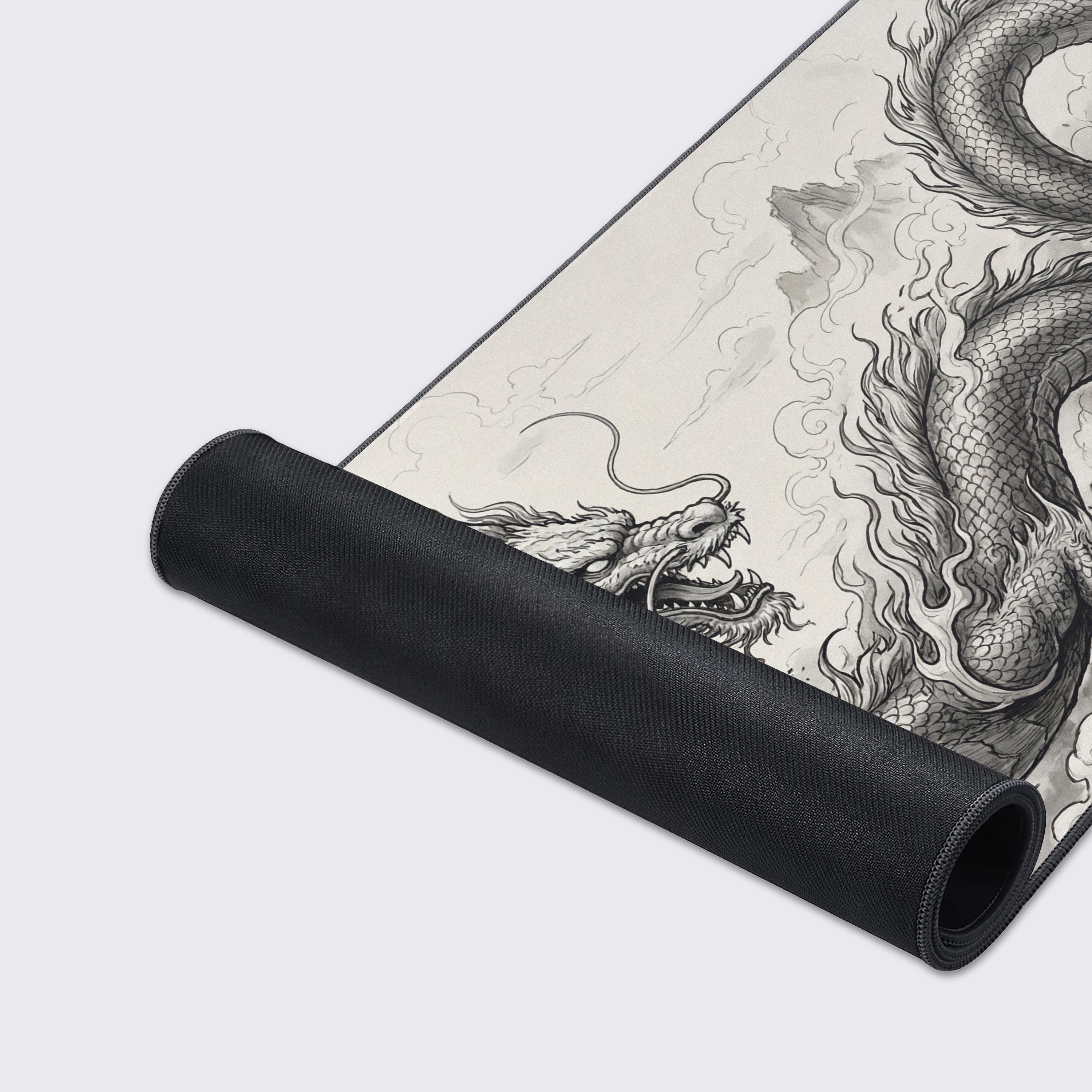 Close-up of the Ink Ascendant mouse pad's high-quality fabric texture and durable stitched edges, detailing the intricate black ink dragon illustration. - Epic Design Pads & Mousepads