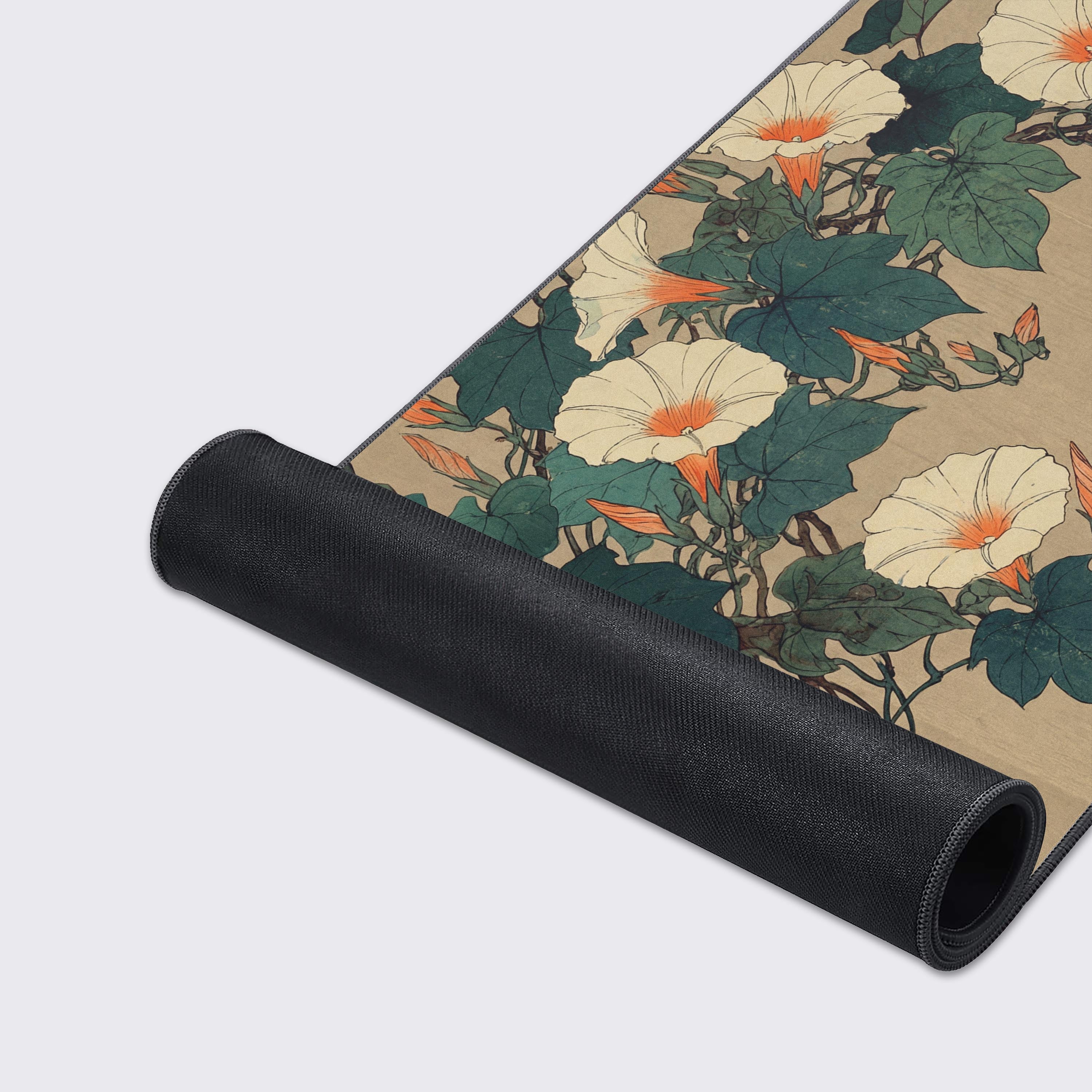 A close-up of the Asagao Bloom gaming desk mat, highlighting the high-quality fabric texture and durable stitched edges of the vintage Japanese flower art. - Epic Design Pads & Mousepads