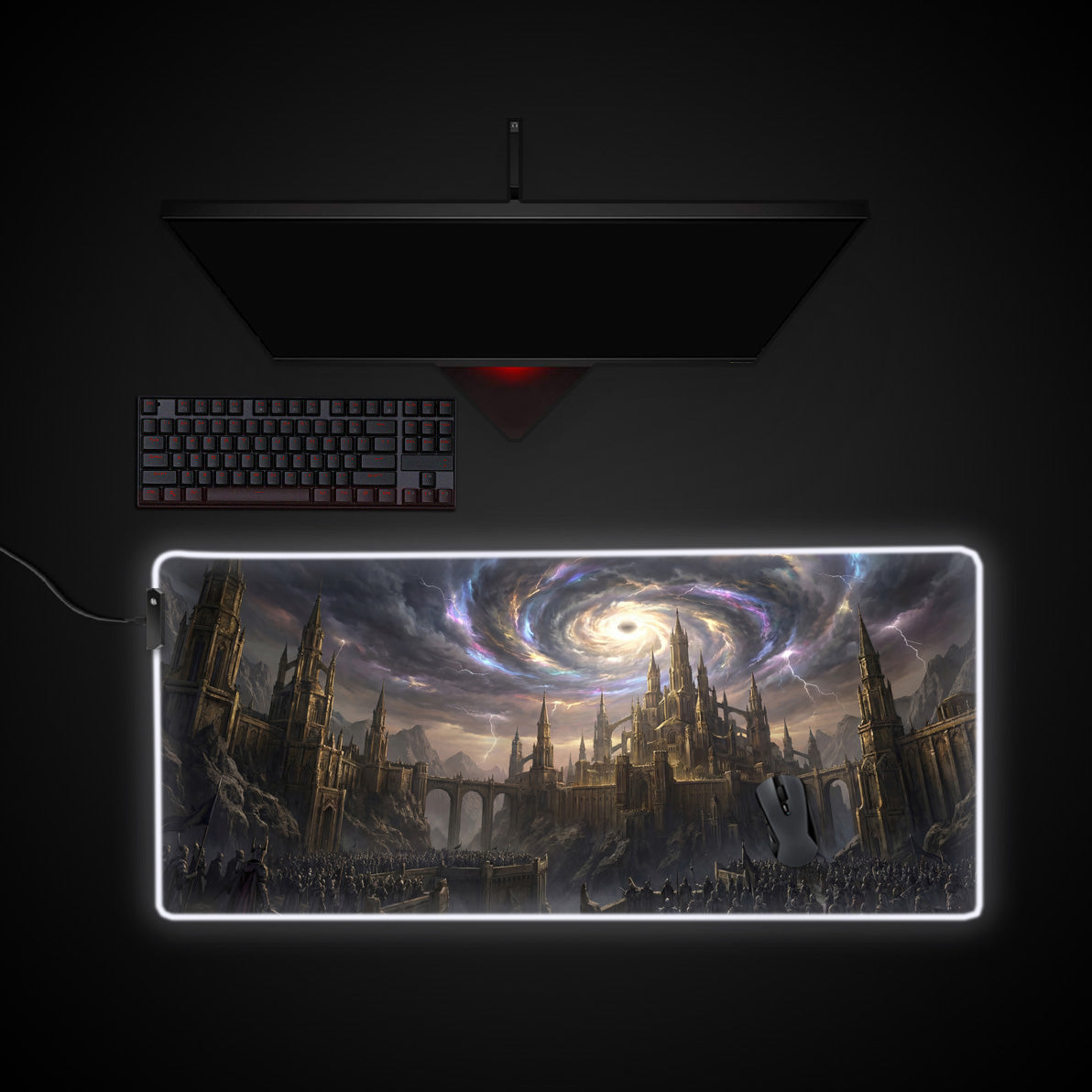 Celestial Siege desk mat with RGB edge lighting