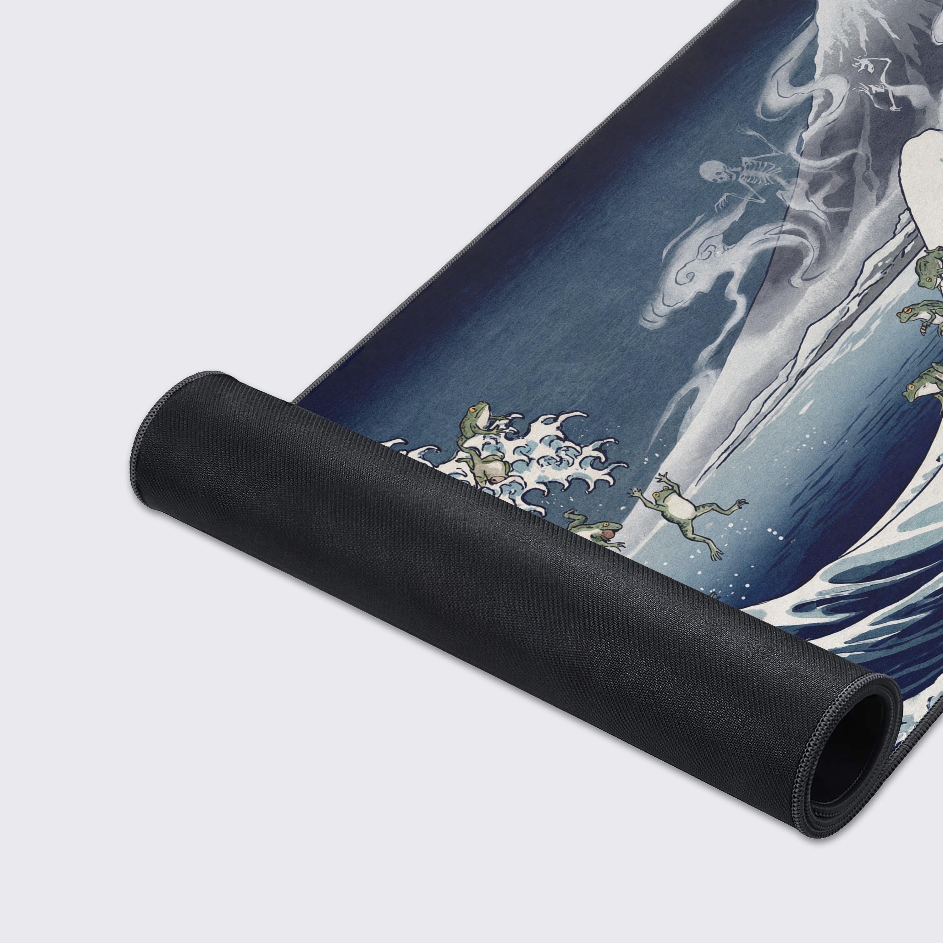 A close-up shot of the Spectral Great Wave gaming desk mat, highlighting the smooth fabric texture, stitched edges, and detailed Japanese Ukiyo-e art. - Epic Design Pads & Mousepads