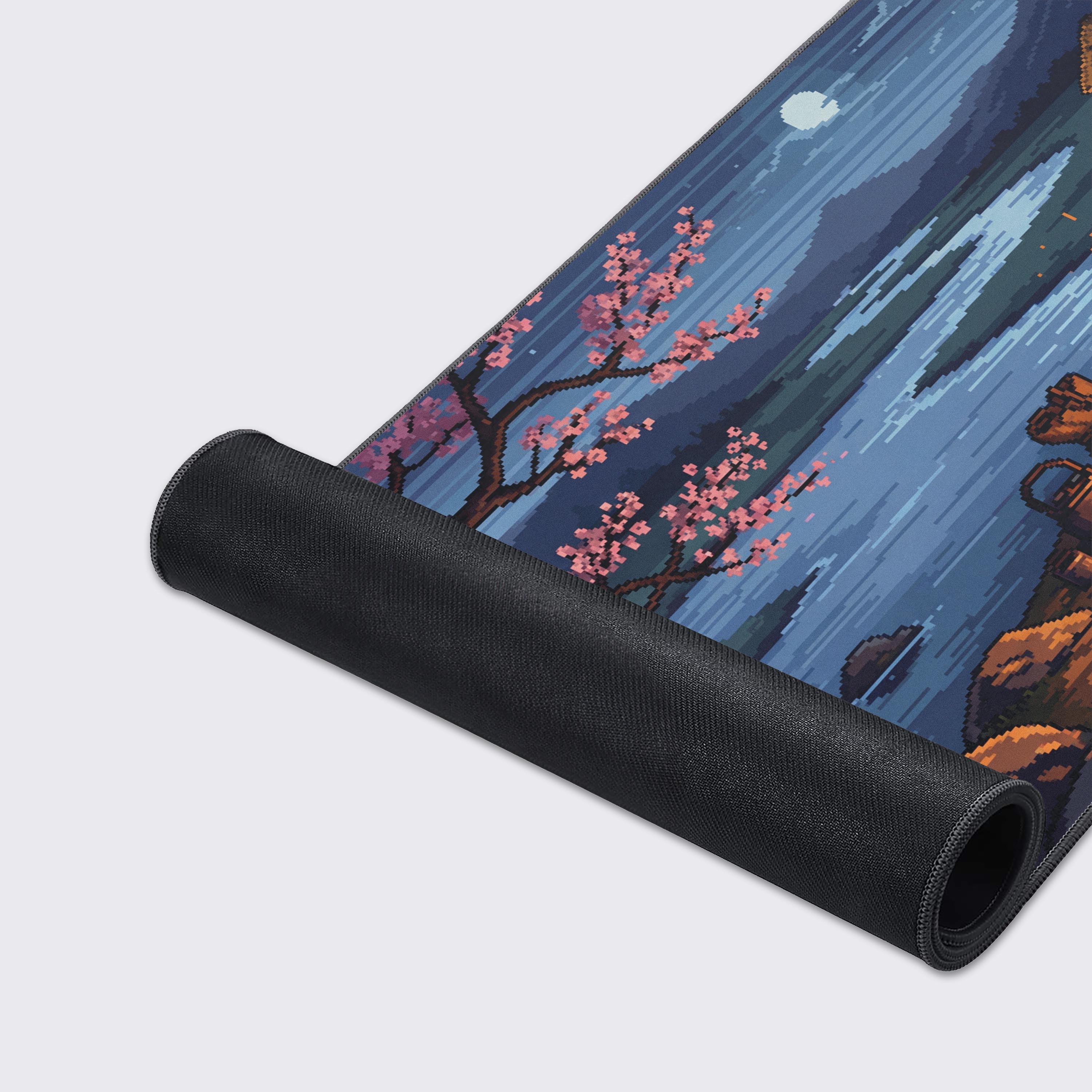 A close-up of the Ronin's Respite gaming desk mat, highlighting the detailed pixel art of the samurai and the durable stitched edges for long-lasting use. - Epic Design Pads & Mousepads