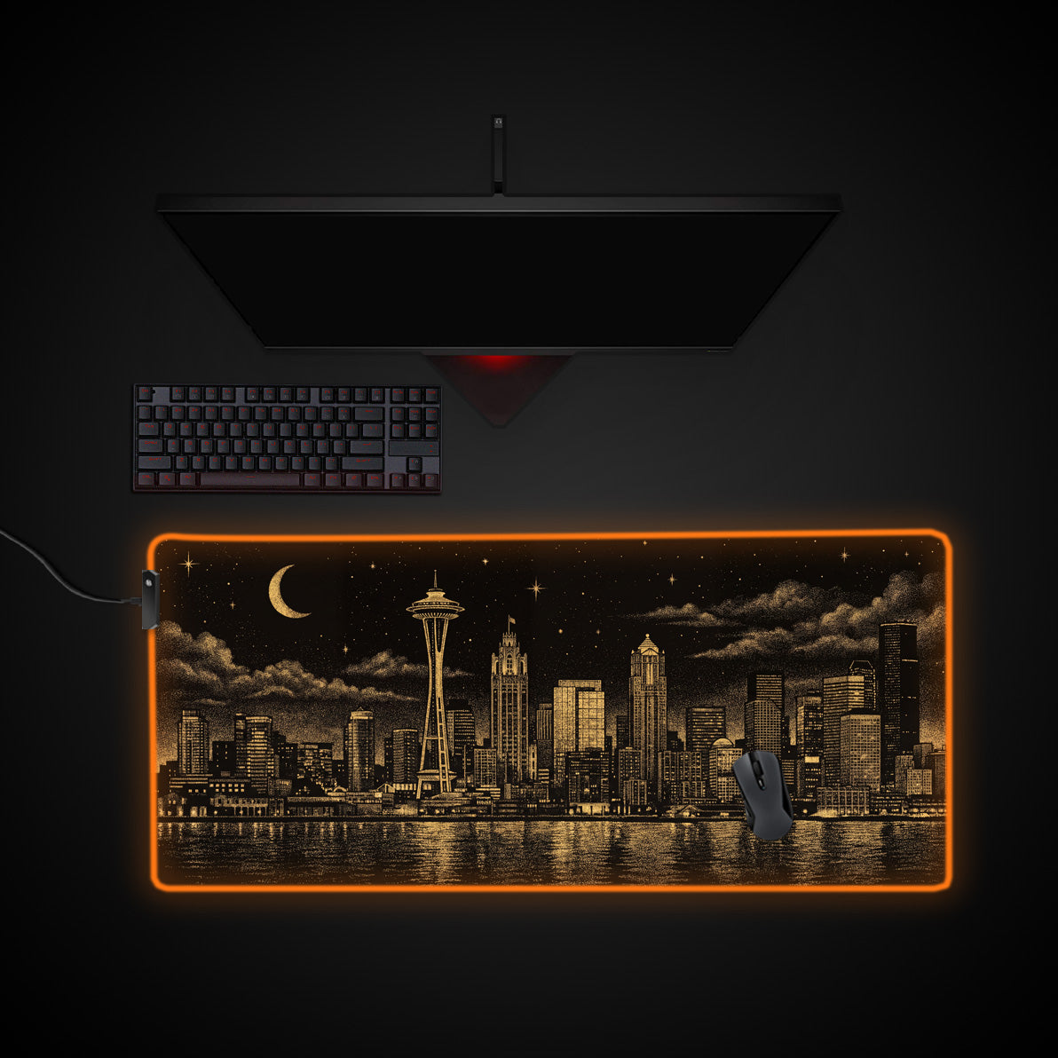 Golden Skyline desk mat with RGB edge lighting