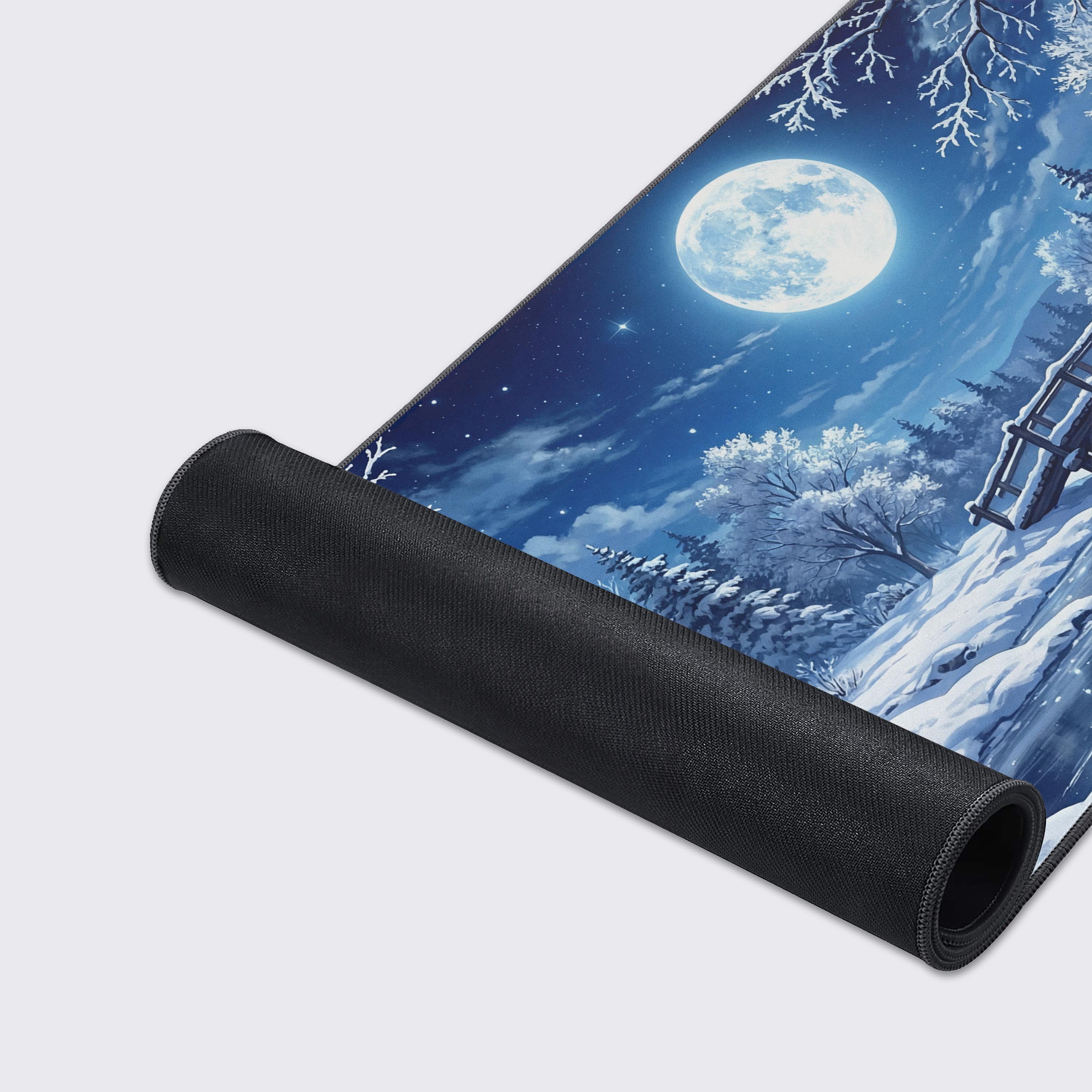 Close-up of the Lunar Frost mouse pad's high-quality texture and durable stitched edges, showcasing the detailed artwork of the moonlit, snow-covered bridge. - Epic Design Pads & Mousepads