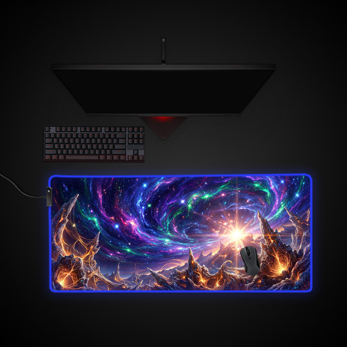 Cosmic Genesis desk mat with RGB edge lighting