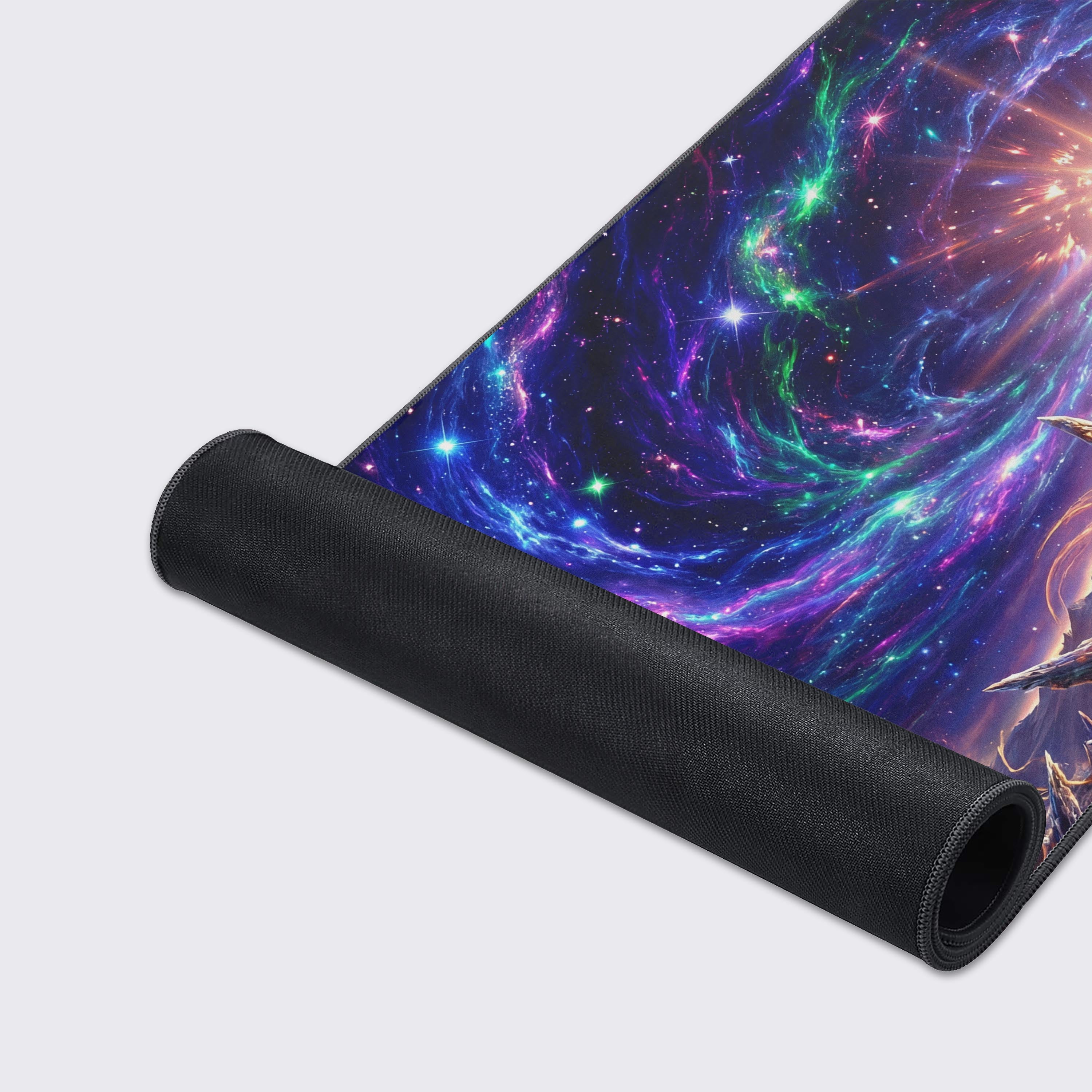 A close-up of the Cosmic Genesis gaming desk mat, highlighting the smooth texture and durable stitched edges of the fantasy space landscape design. - Epic Design Pads & Mousepads