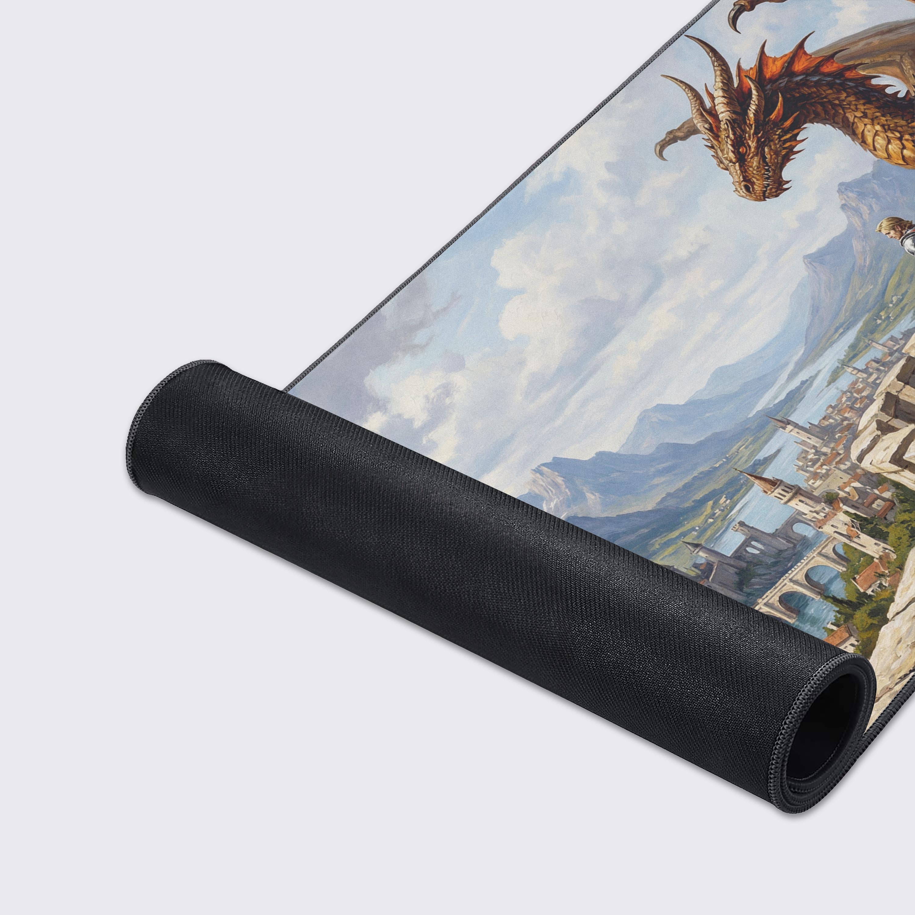 A close-up of the Dragon Alliance gaming desk mat, highlighting the high-quality fabric texture and durable stitched edges on the epic fantasy artwork. - Epic Design Pads & Mousepads