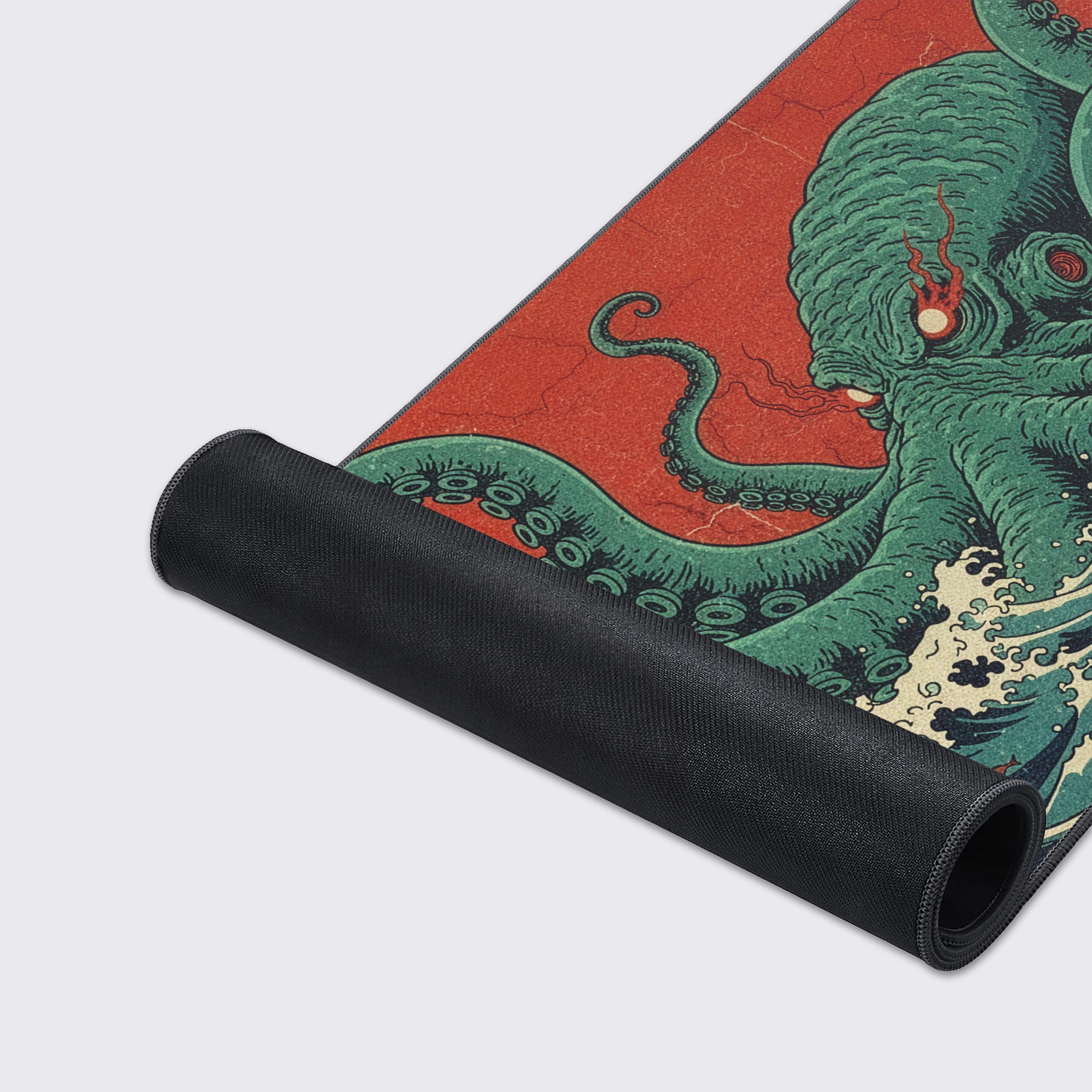 Ukiyo-e style desk mat with The Great Kraken design. Close-up view highlighting the durable stitched edges and smooth non-slip base. - Epic Design Pads & Mousepads