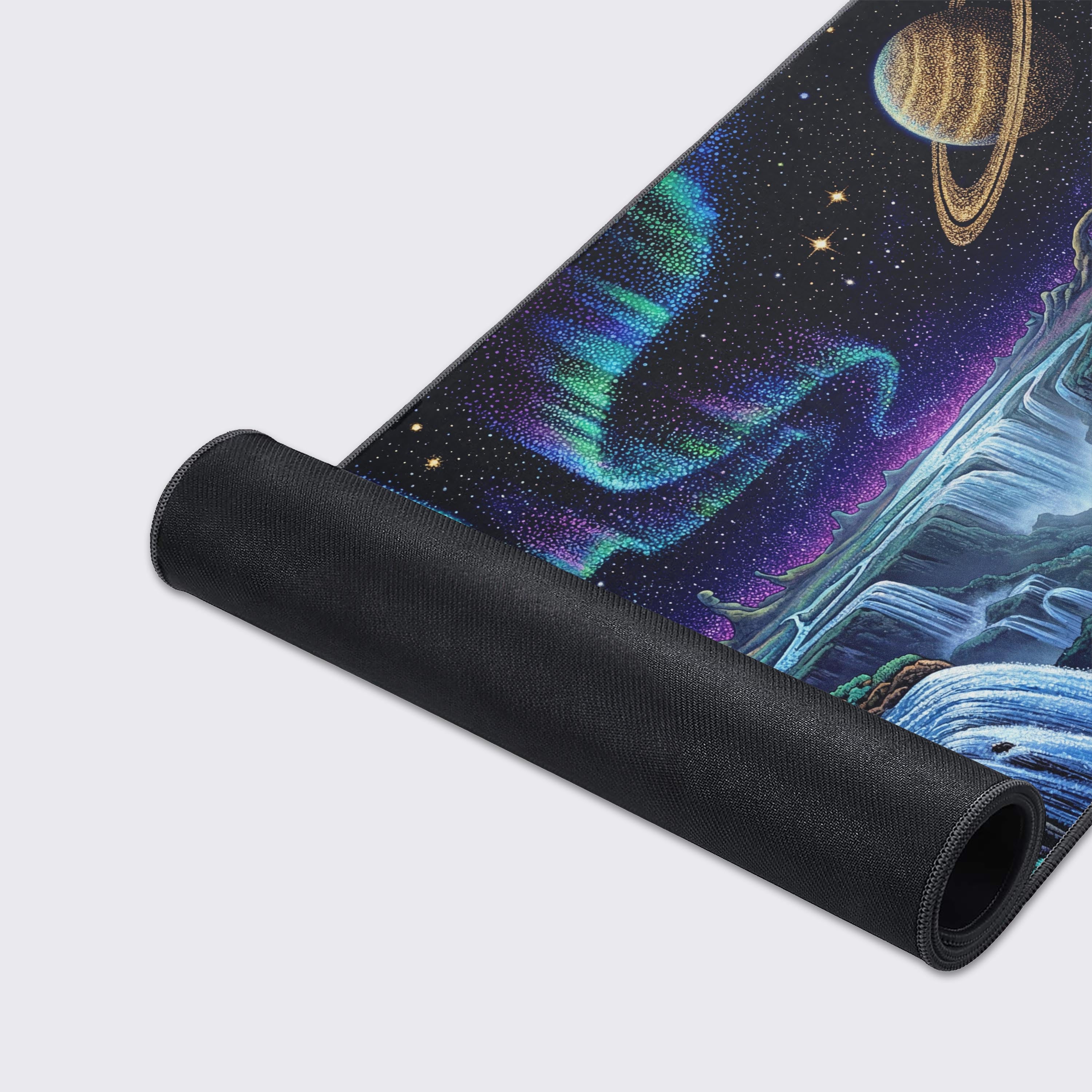 A close-up of the Nebula Dreams mouse pad, highlighting the detailed stipple artwork, durable stitched edges, and smooth texture perfect for precise mouse movements. - Epic Design Pads & Mousepads
