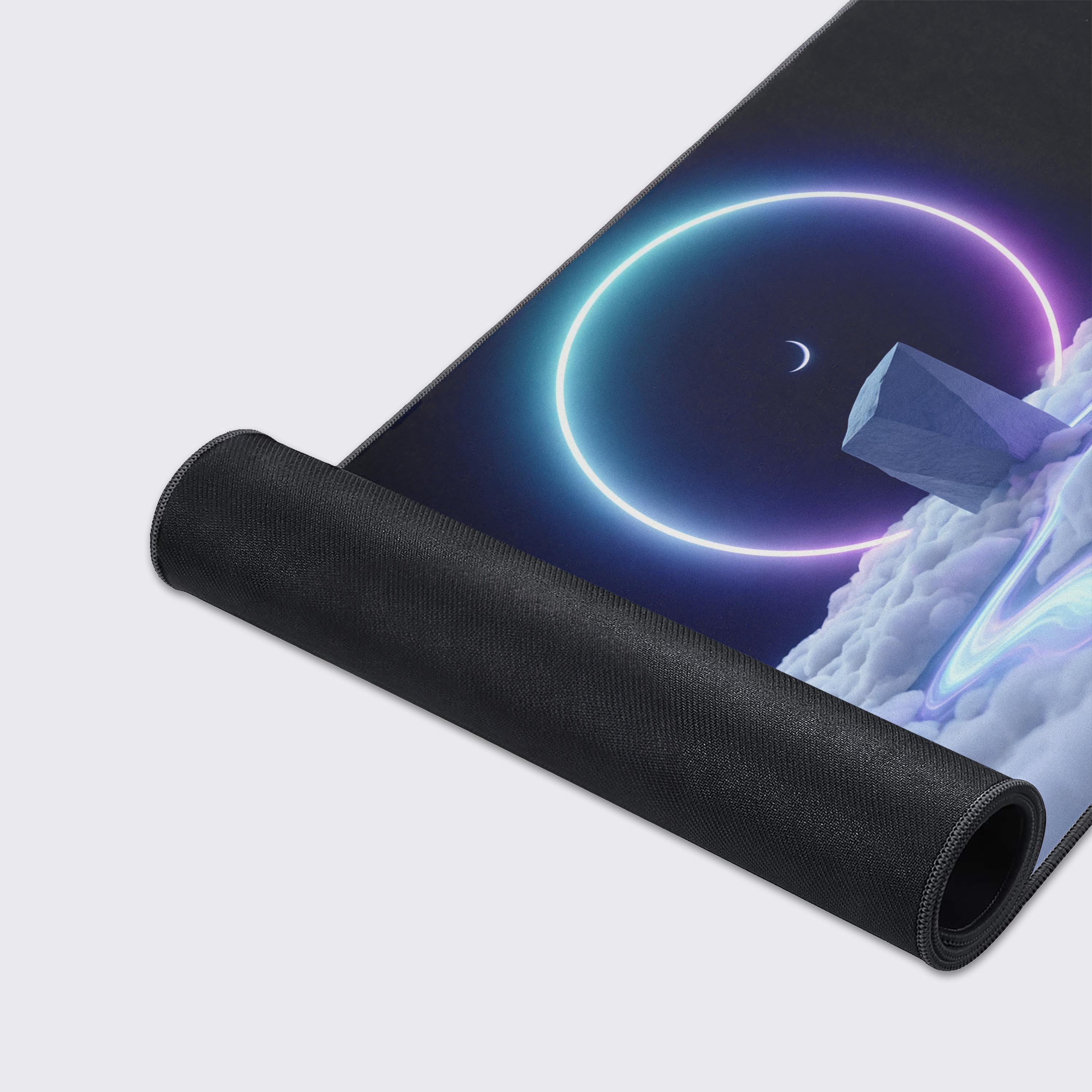 A close-up of the Zenith Portal mouse pad, highlighting the smooth fabric texture and durable stitched edges of the glowing cloudscape and monolith design. - Epic Design Pads & Mousepads