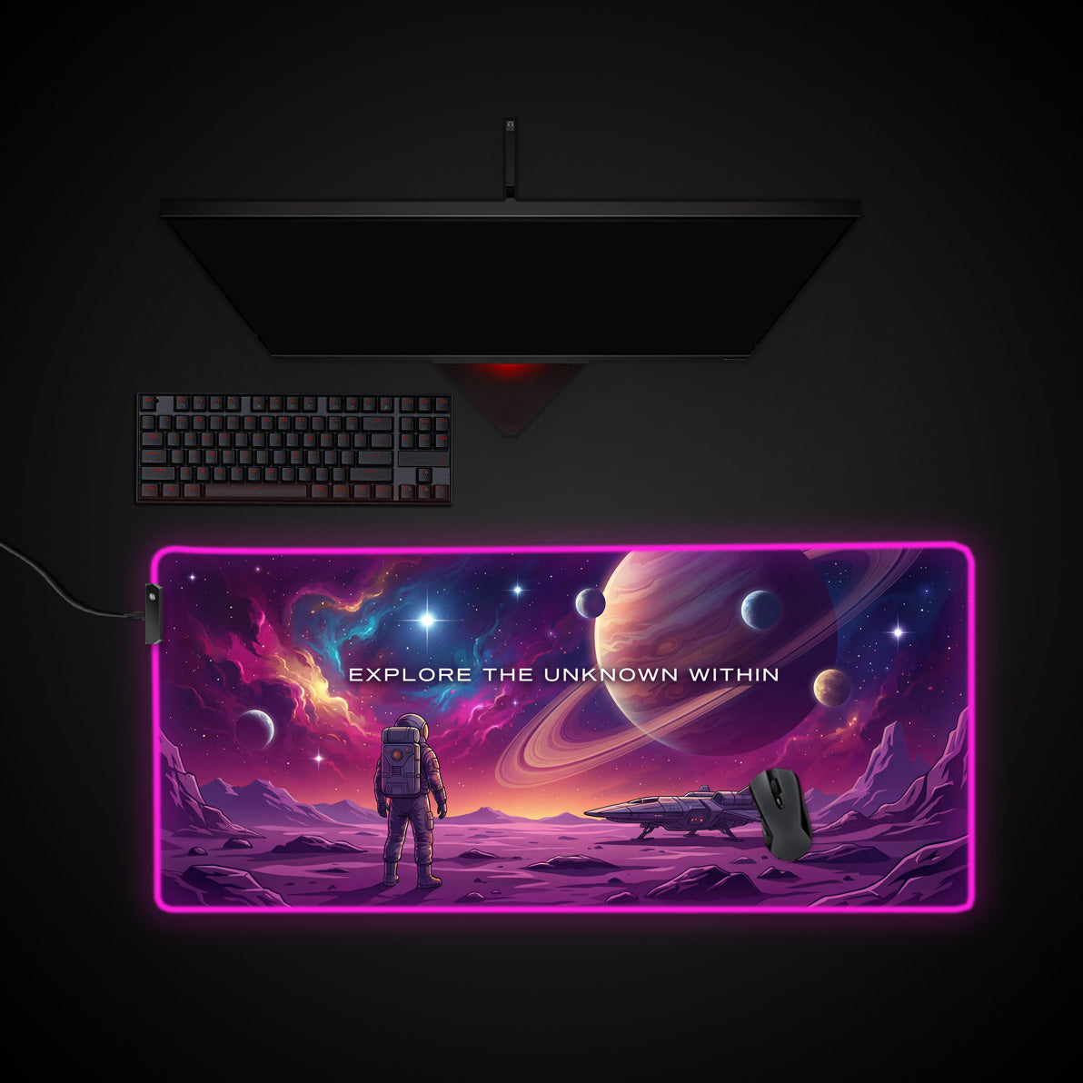 Explore The Unknown Within desk mat with RGB edge lighting