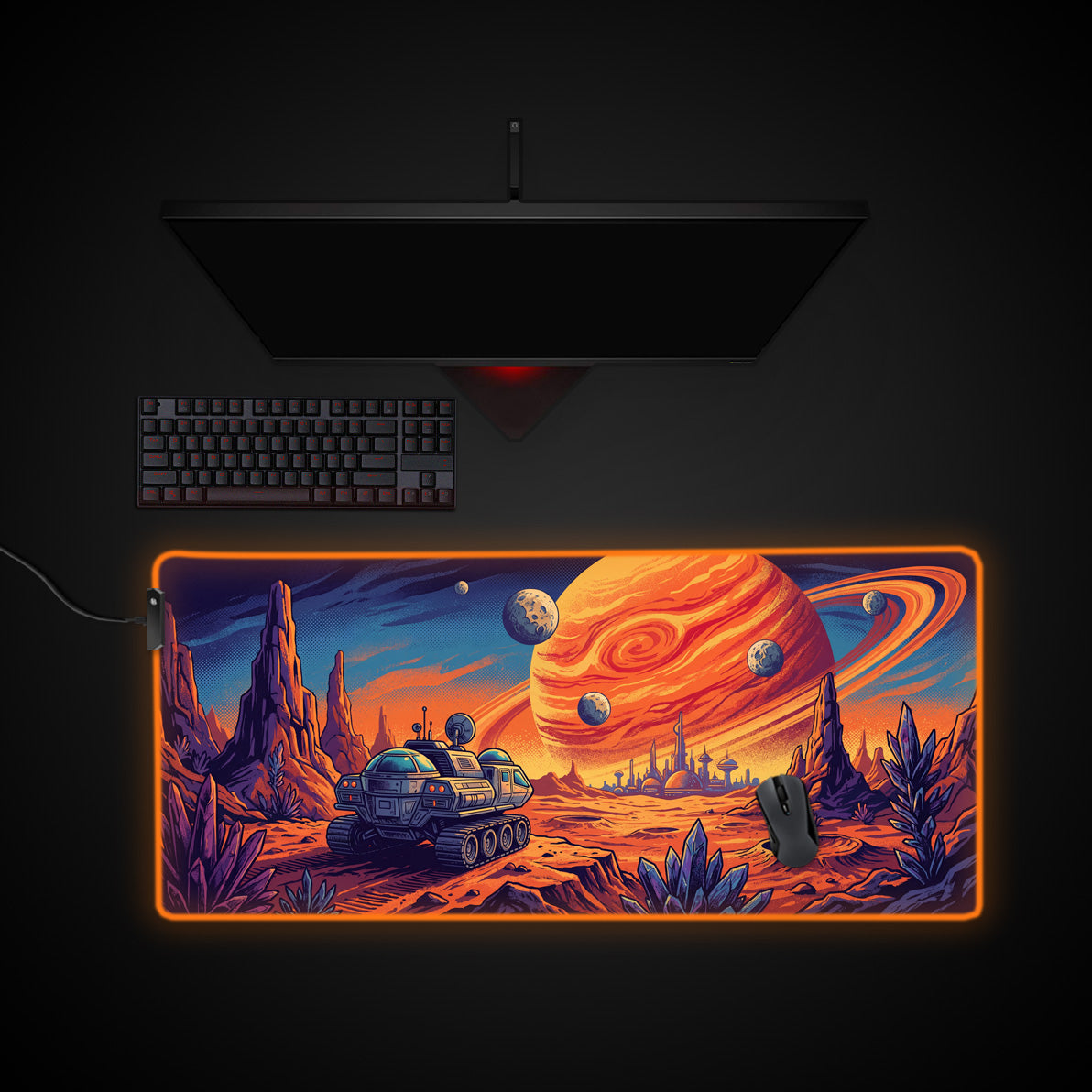 Orbital Outpost desk mat with RGB edge lighting