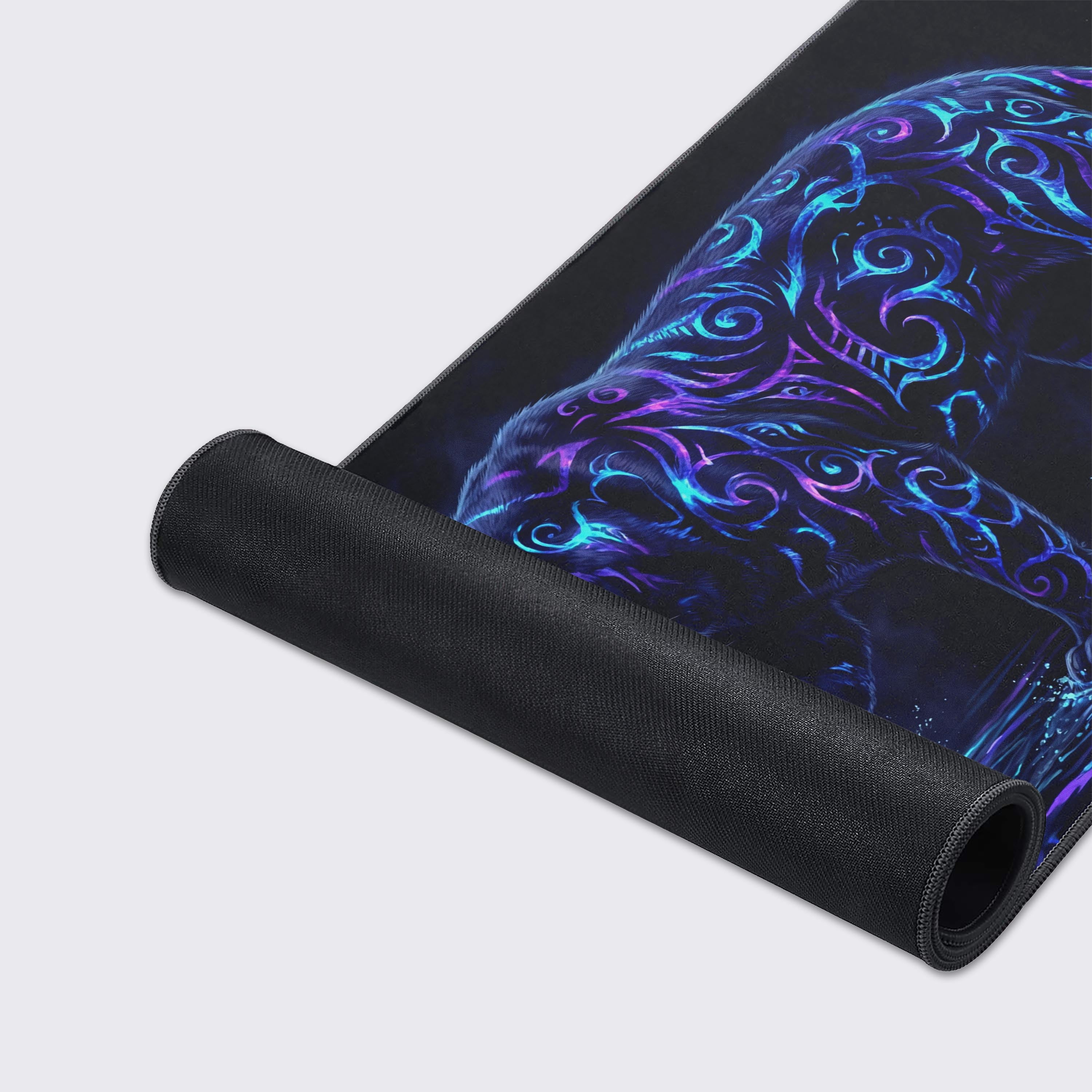 Close-up of the Mystic Prowl mouse pad's smooth fabric texture and durable stitched edges, highlighting the intricate glowing tiger design. - Epic Design Pads & Mousepads