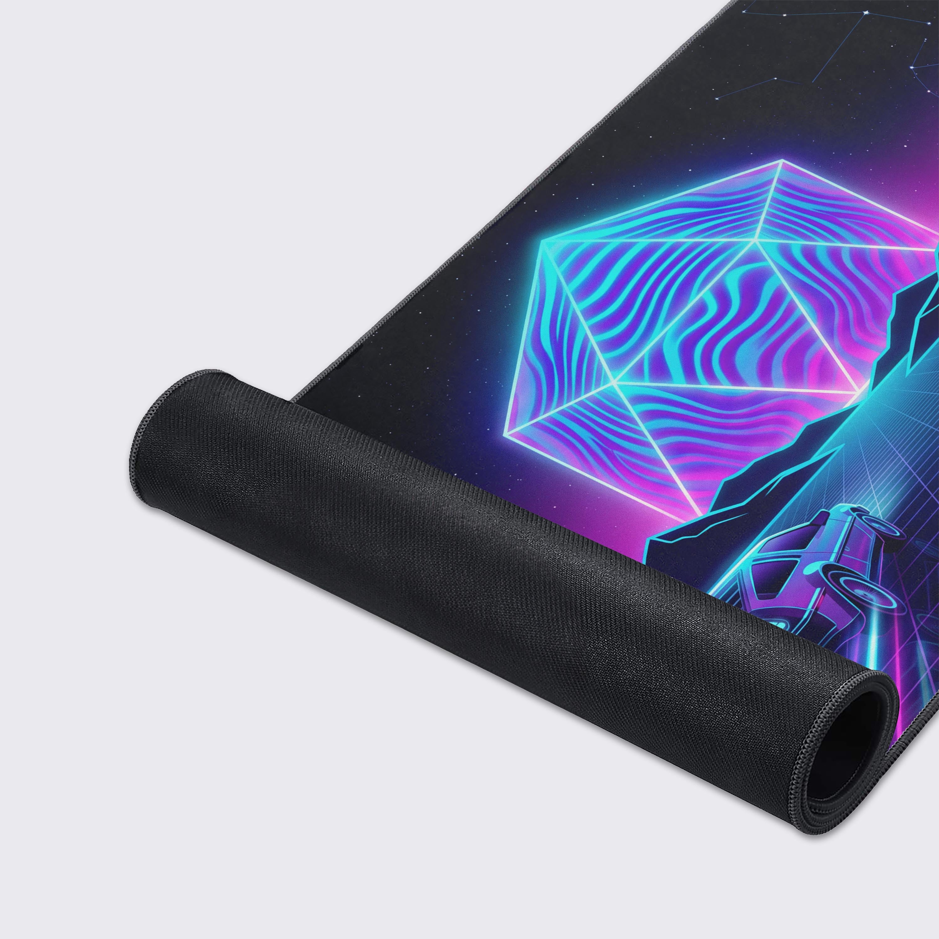 A close-up of the Critical Velocity mouse pad's high-quality fabric texture and durable stitched edges, highlighting the vibrant neon car and grid design. - Epic Design Pads & Mousepads