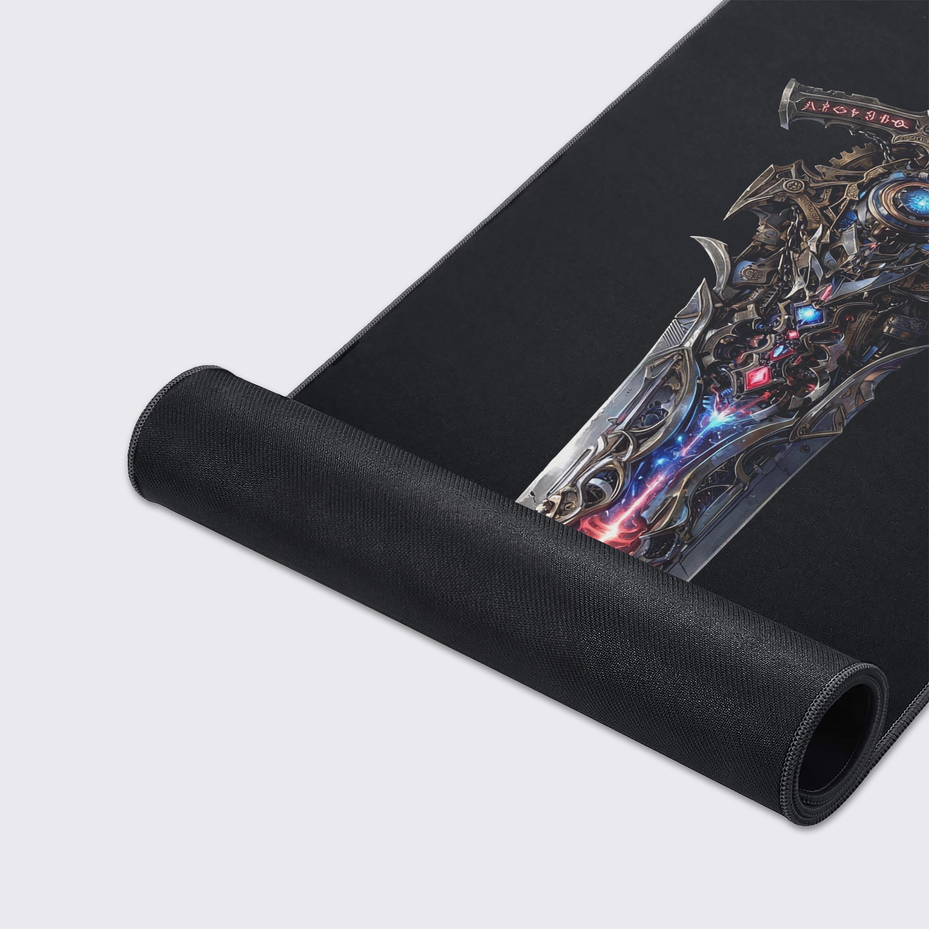 Close-up of the Arcane Gearblade mouse pad's smooth fabric texture and durable stitched edges, highlighting the intricate, glowing sword artwork. - Epic Design Pads & Mousepads