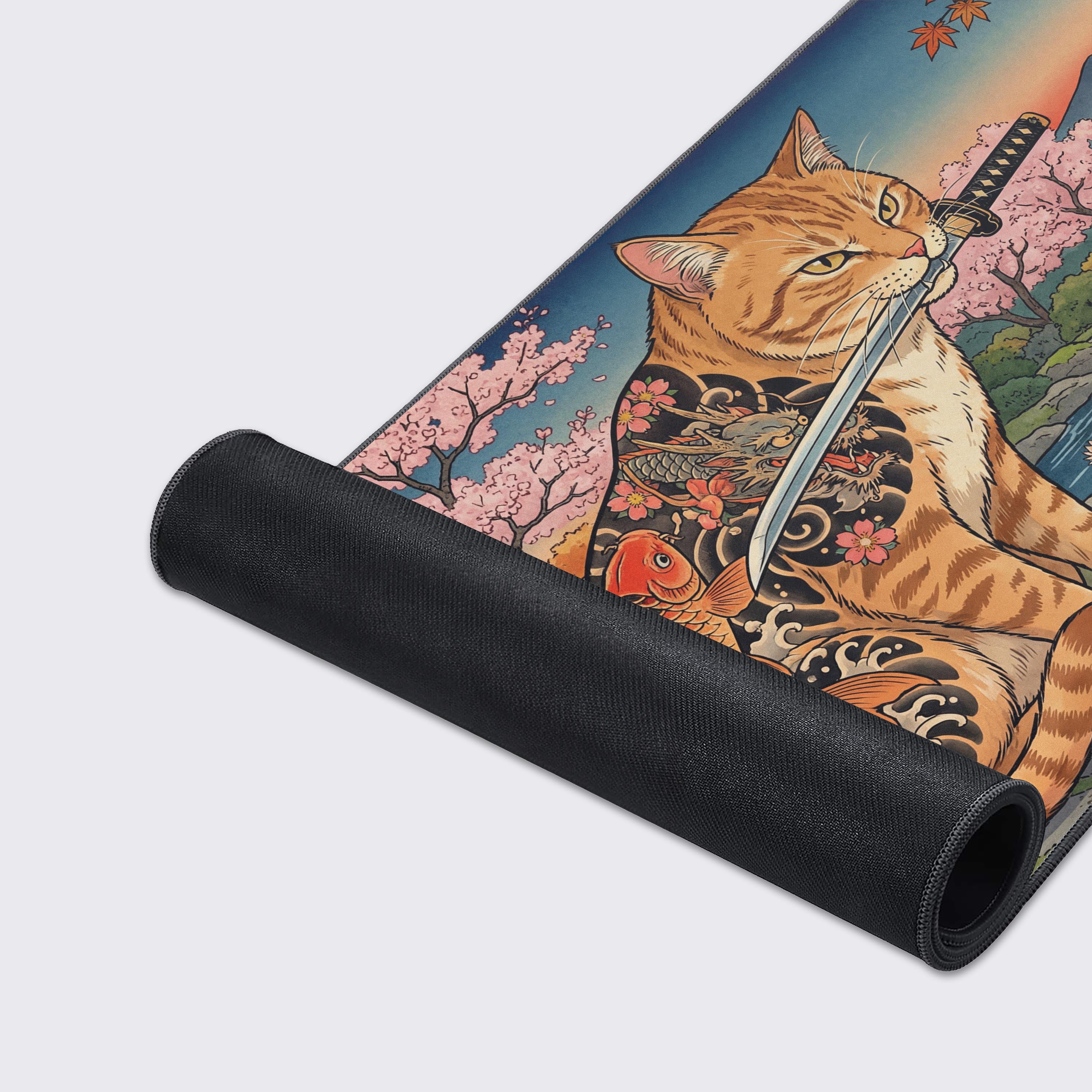 Close-up of the Yakuza Neko mouse pad showcasing the smooth fabric texture, stitched edges, and the detailed artwork of the tattooed cat. - Epic Design Pads & Mousepads