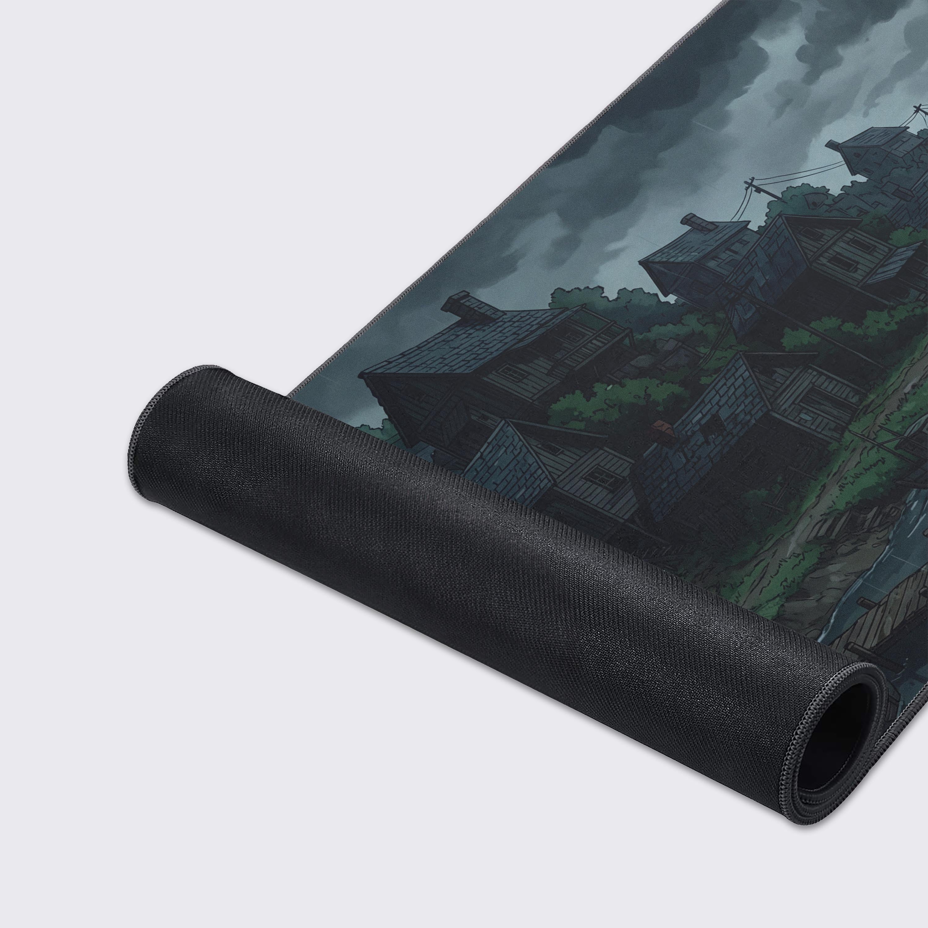 Close-up of the Rainbound Harbor mouse pad's detailed artwork and durable stitched edges, showcasing its premium, smooth-glide surface. - Epic Design Pads & Mousepads