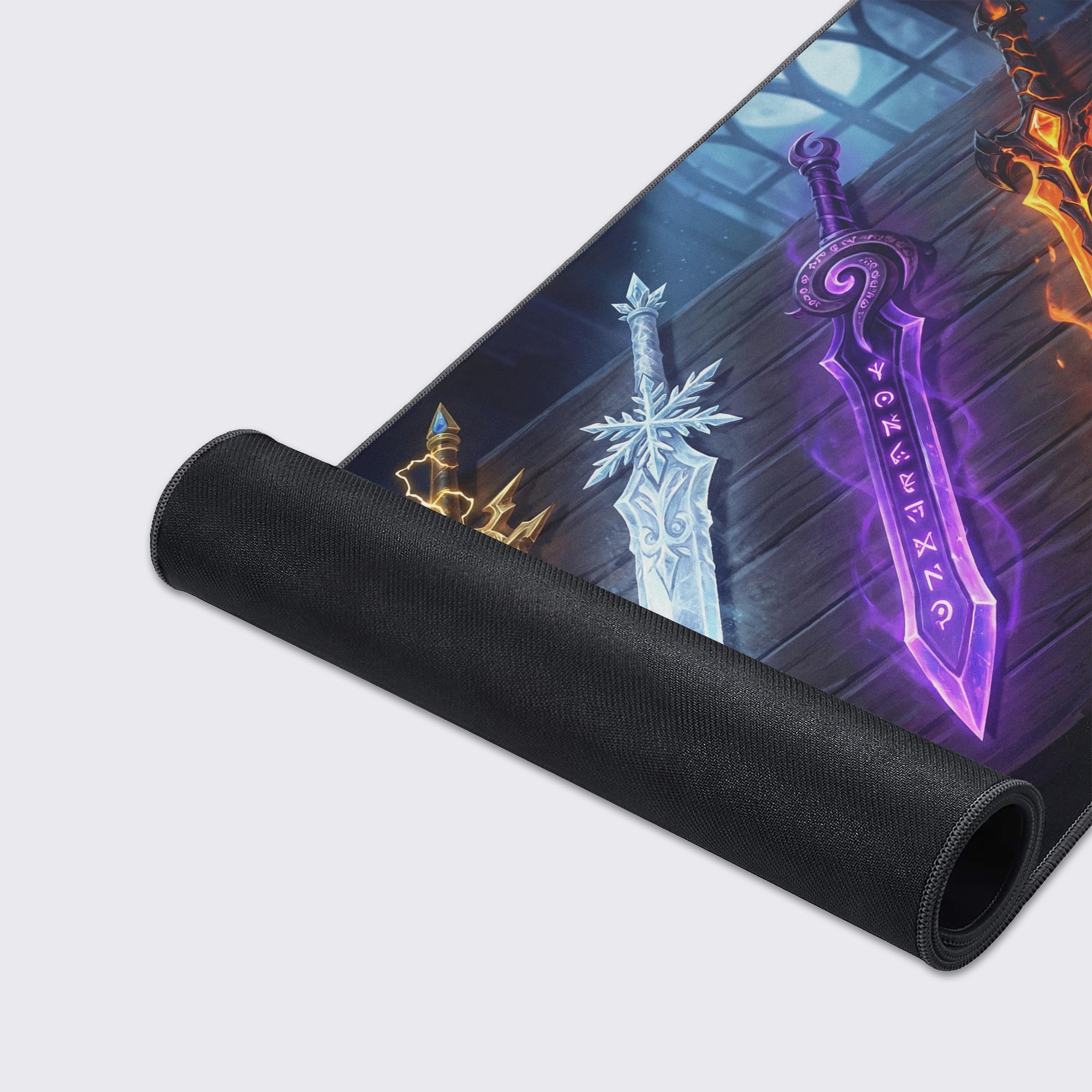 A close-up of the "Five Fates" gaming desk mat, highlighting the non-slip rubber base, stitched edges, and the vibrant, detailed artwork of the magical swords. - Epic Design Pads & Mousepads