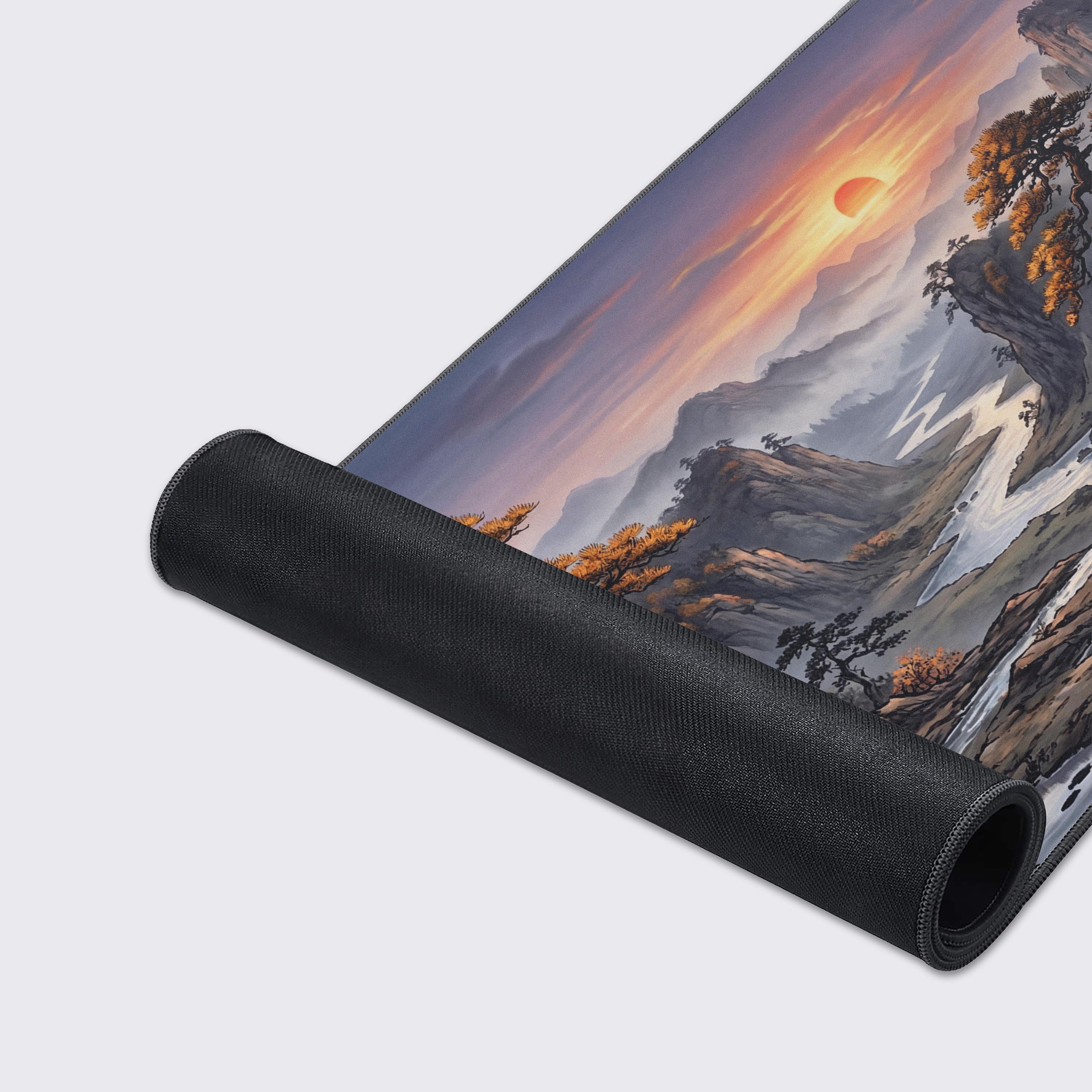 Close-up of the Amber Horizon mouse pad's smooth fabric texture and durable stitched edges, highlighting the detailed amber-toned Shan Shui artwork. - Epic Design Pads & Mousepads