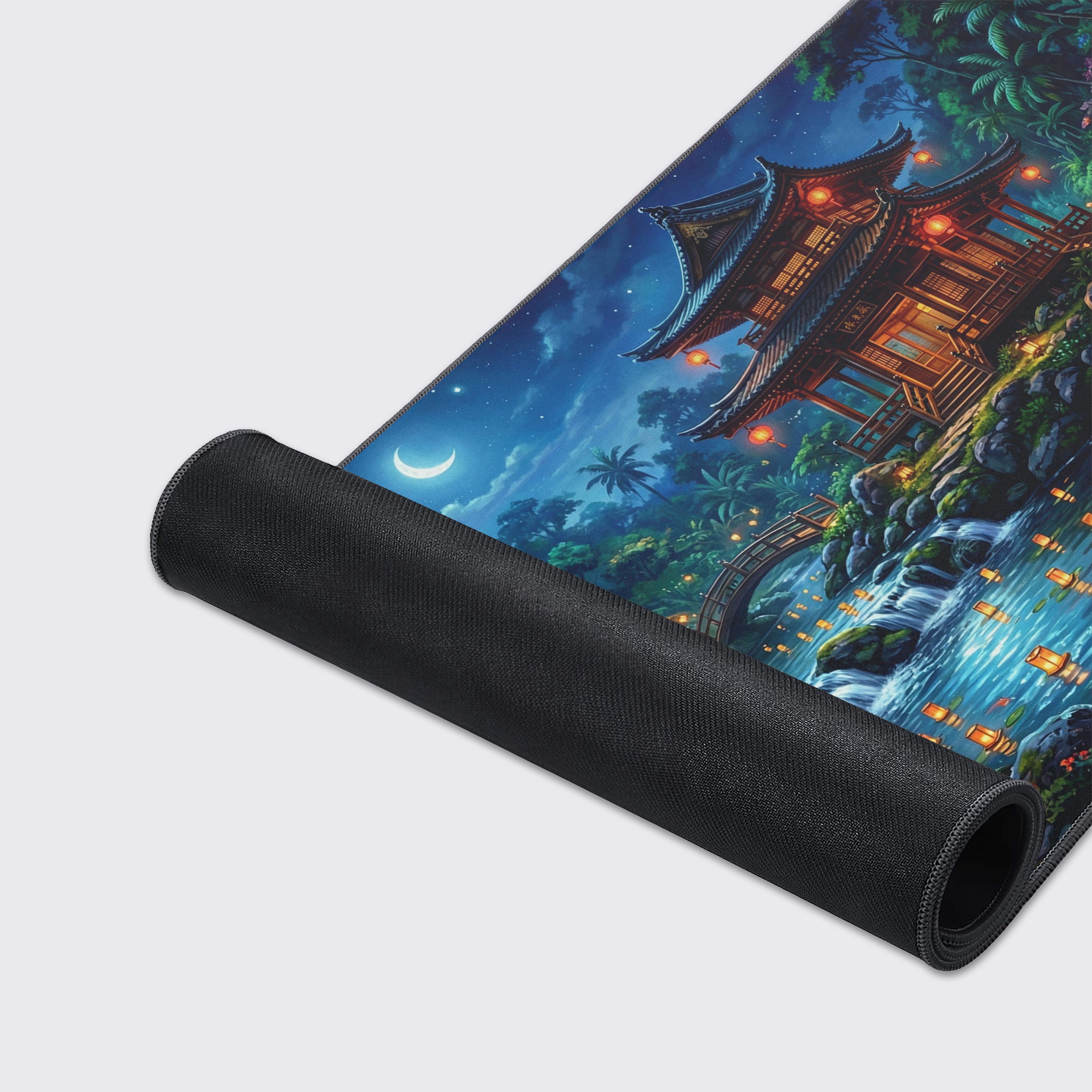 Close-up shot of the Spirit Garden gaming desk mat, highlighting the high-quality fabric texture and durable stitched edges of the Japanese temple artwork. - Epic Design Pads & Mousepads