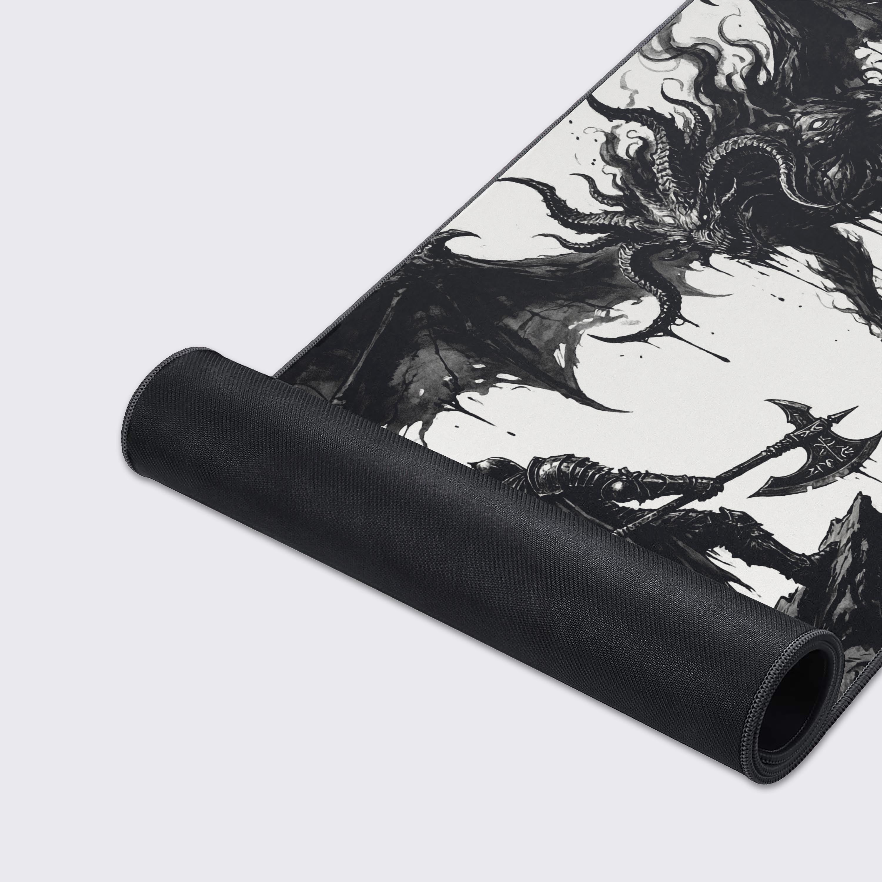 A close-up of the Abyssal Confrontation gaming desk mat, highlighting the high-quality stitched edges and smooth fabric surface featuring the detailed ink wash art. - Epic Design Pads & Mousepads