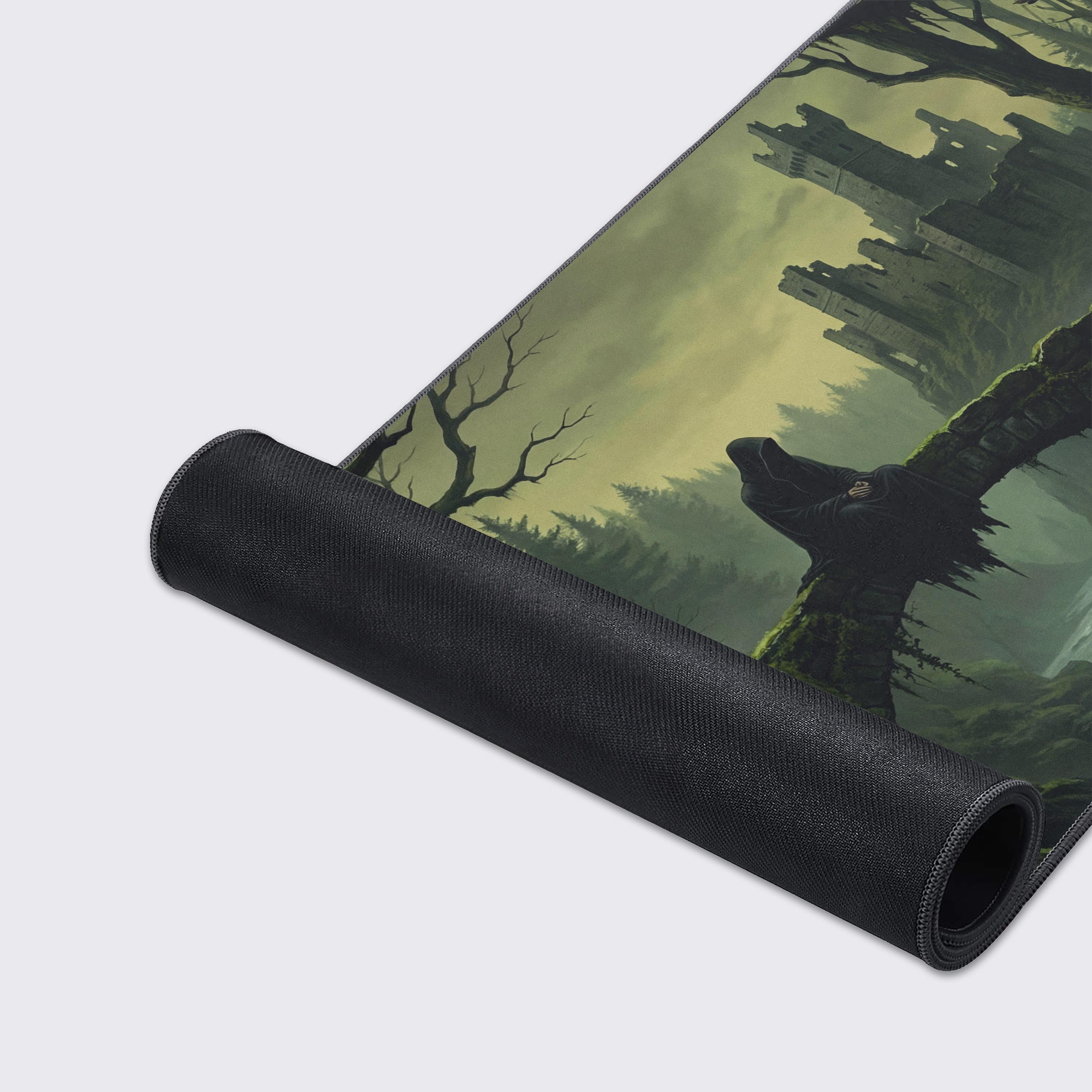 A close-up of The Silent Keeper gaming desk mat highlighting the smooth fabric texture, stitched edges, and detailed dark fantasy artwork. - Epic Design Pads & Mousepads