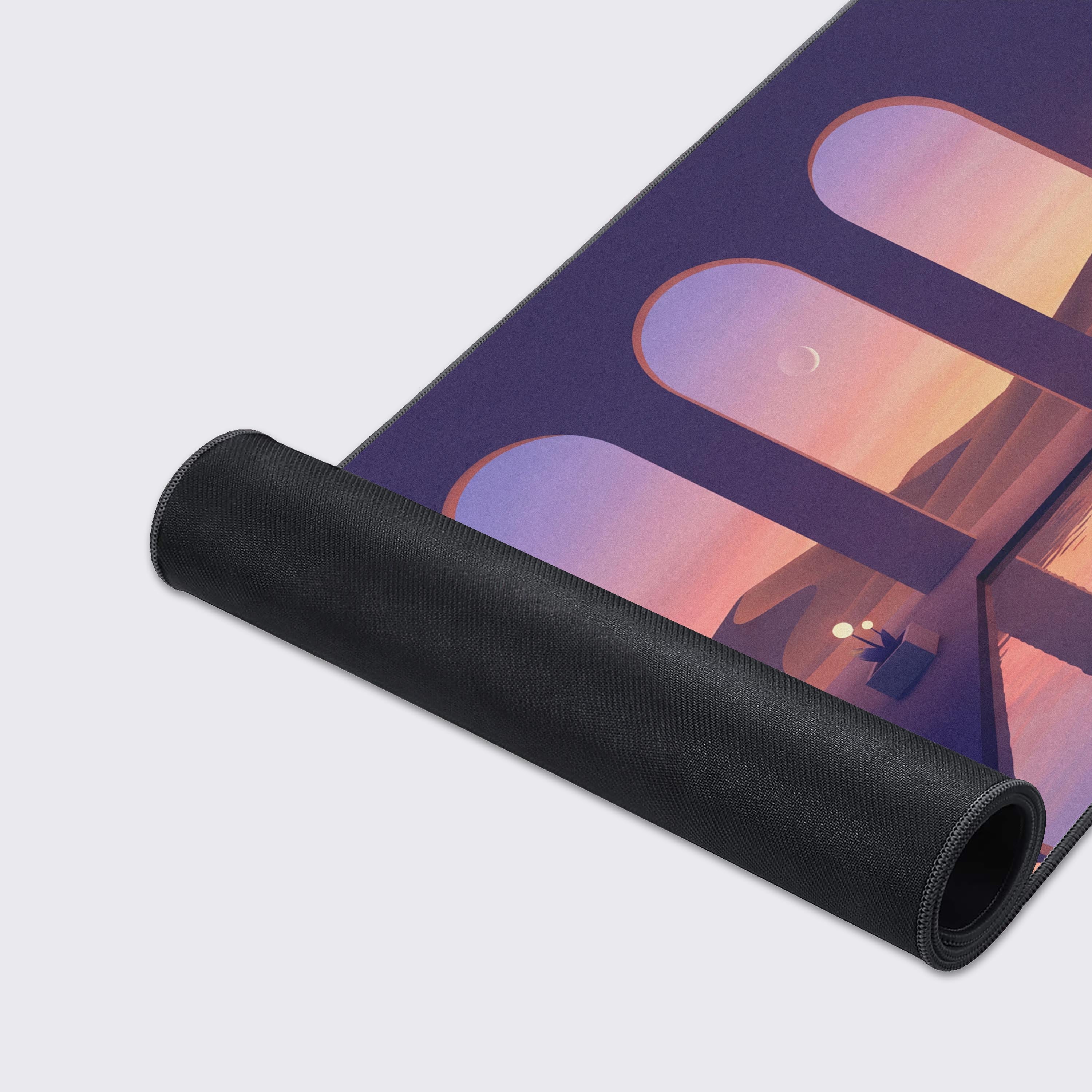 A close-up of the Silent Archway mouse pad showing its smooth fabric texture and durable stitched edges. The fantasy desert art provides a beautiful, high-performance surface. - Epic Design Pads & Mousepads