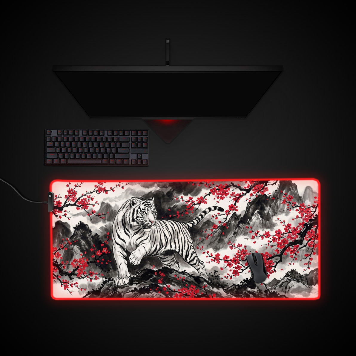 Crimson Tiger desk mat with RGB edge lighting