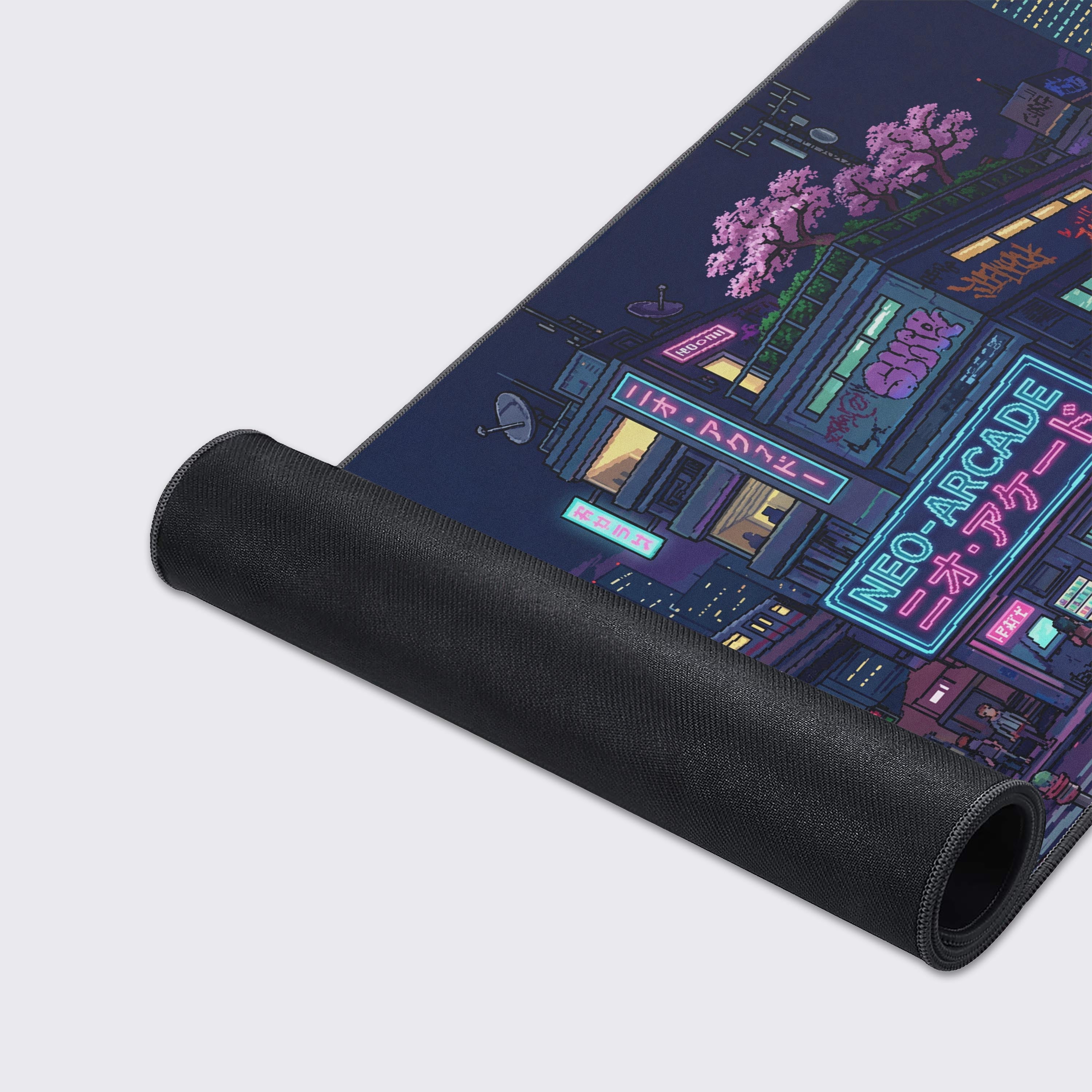Close-up of the Midnight Transit gaming desk mat showing the detailed pixel art city and durable stitched edges of the smooth fabric surface. - Epic Design Pads & Mousepads