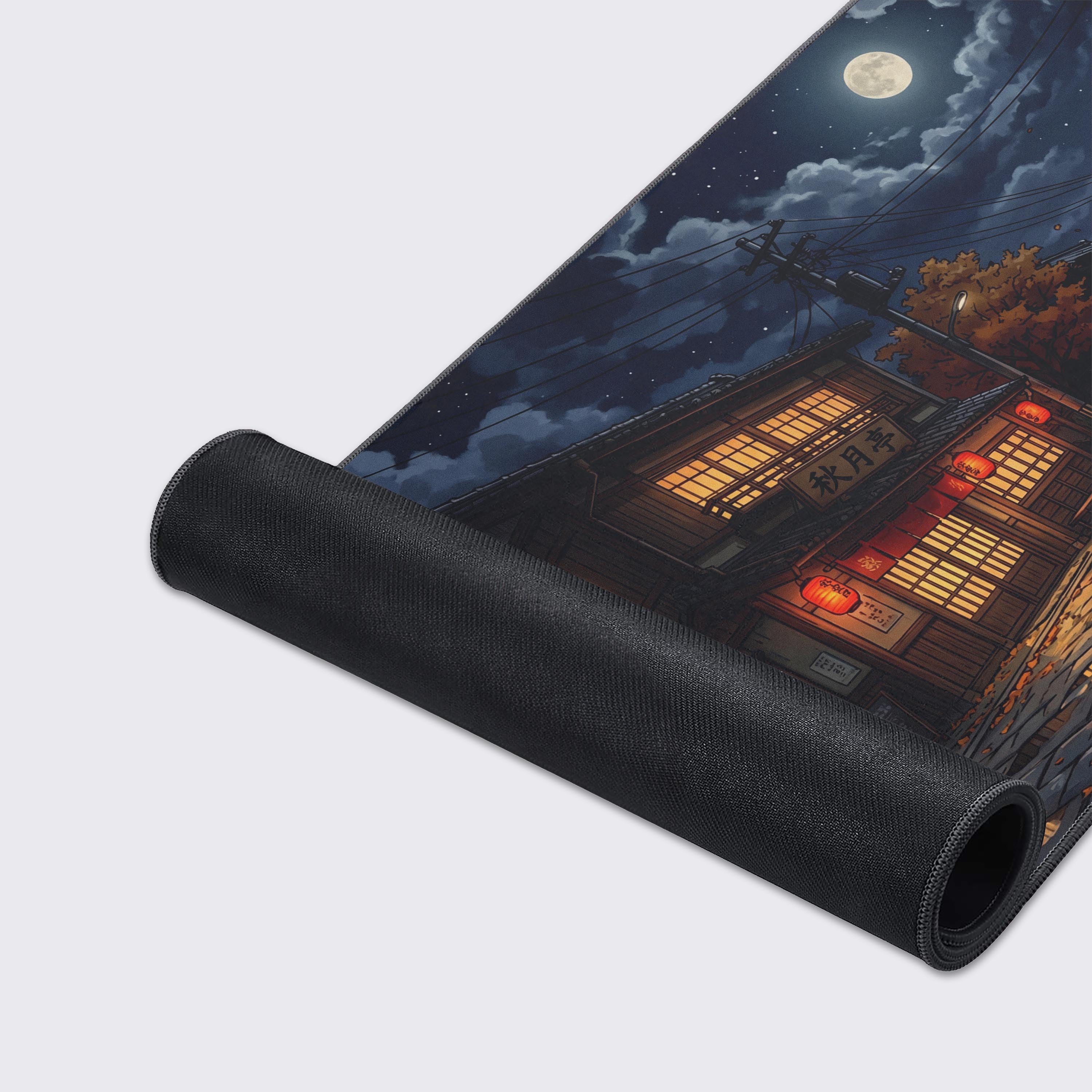A close-up of the Midnight Yatai mouse pad's high-quality fabric and stitched edges, showcasing the detailed anime art of the moonlit ramen stall. - Epic Design Pads & Mousepads
