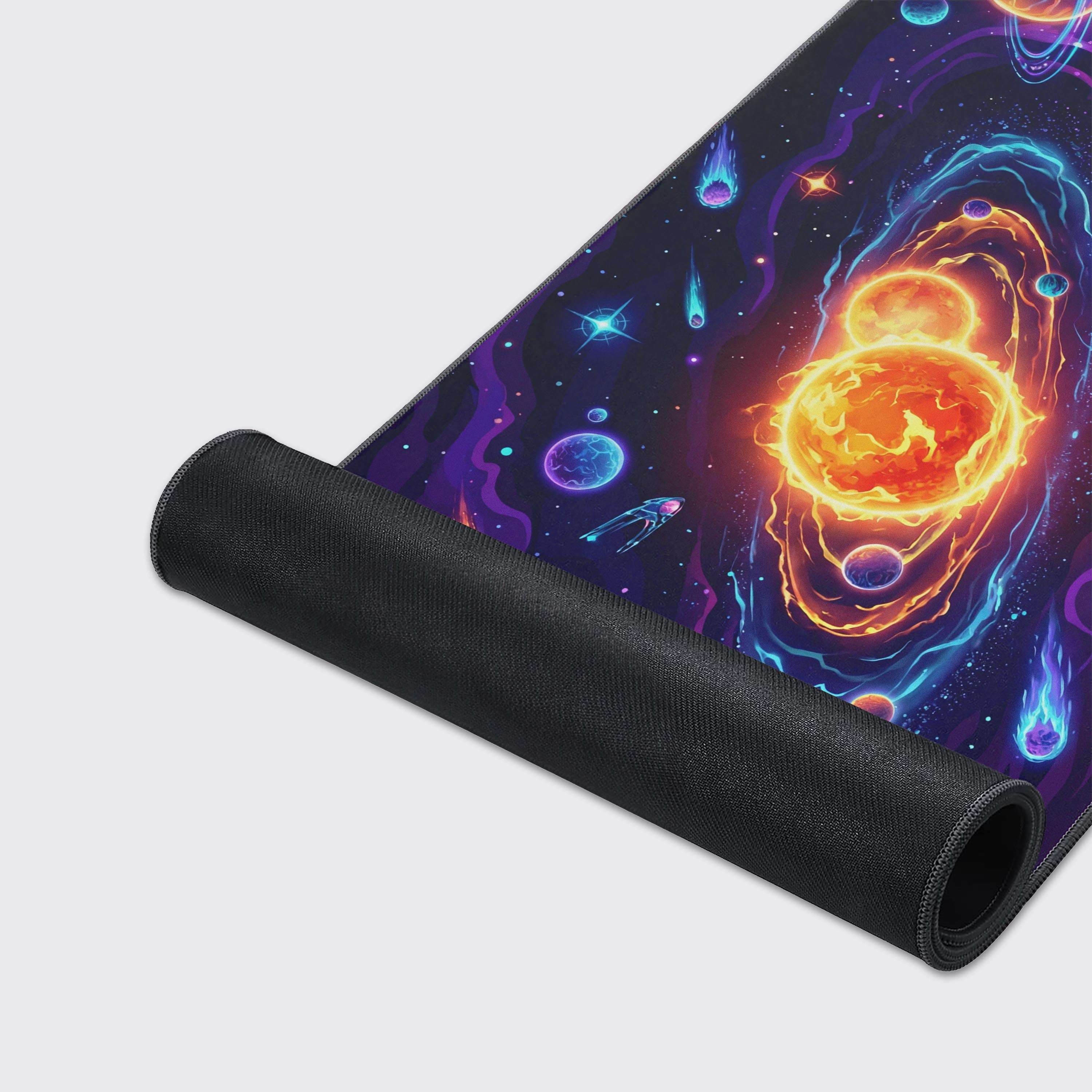 Close-up shot of the Galactic Nexus gaming desk mat, detailing the smooth fabric texture and durable stitched edges against the vibrant cosmic artwork. - Epic Design Pads & Mousepads