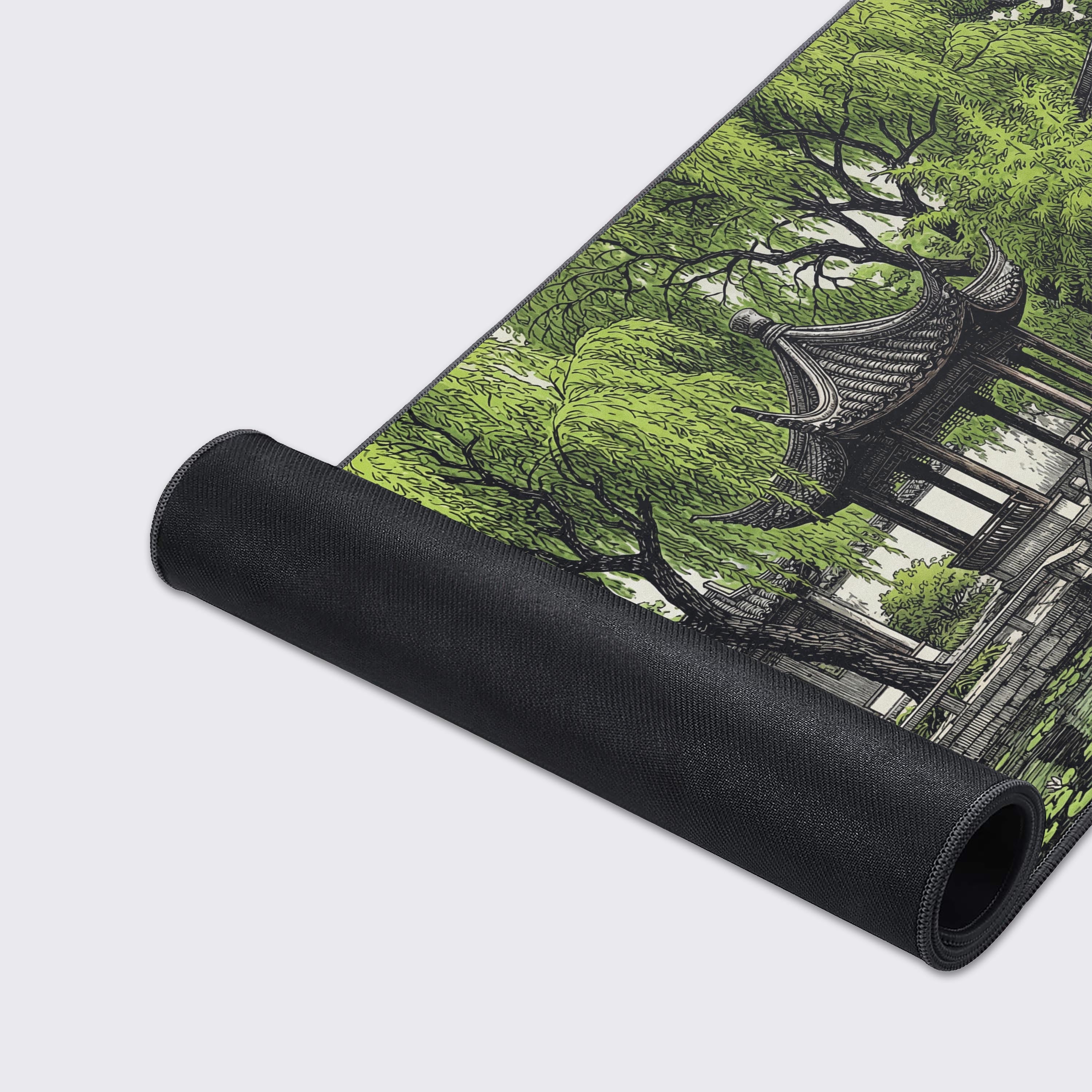 Close-up of the Willow Pavilion mouse pad showing the durable stitched edges and smooth fabric texture of the serene Chinese garden artwork. - Epic Design Pads & Mousepads