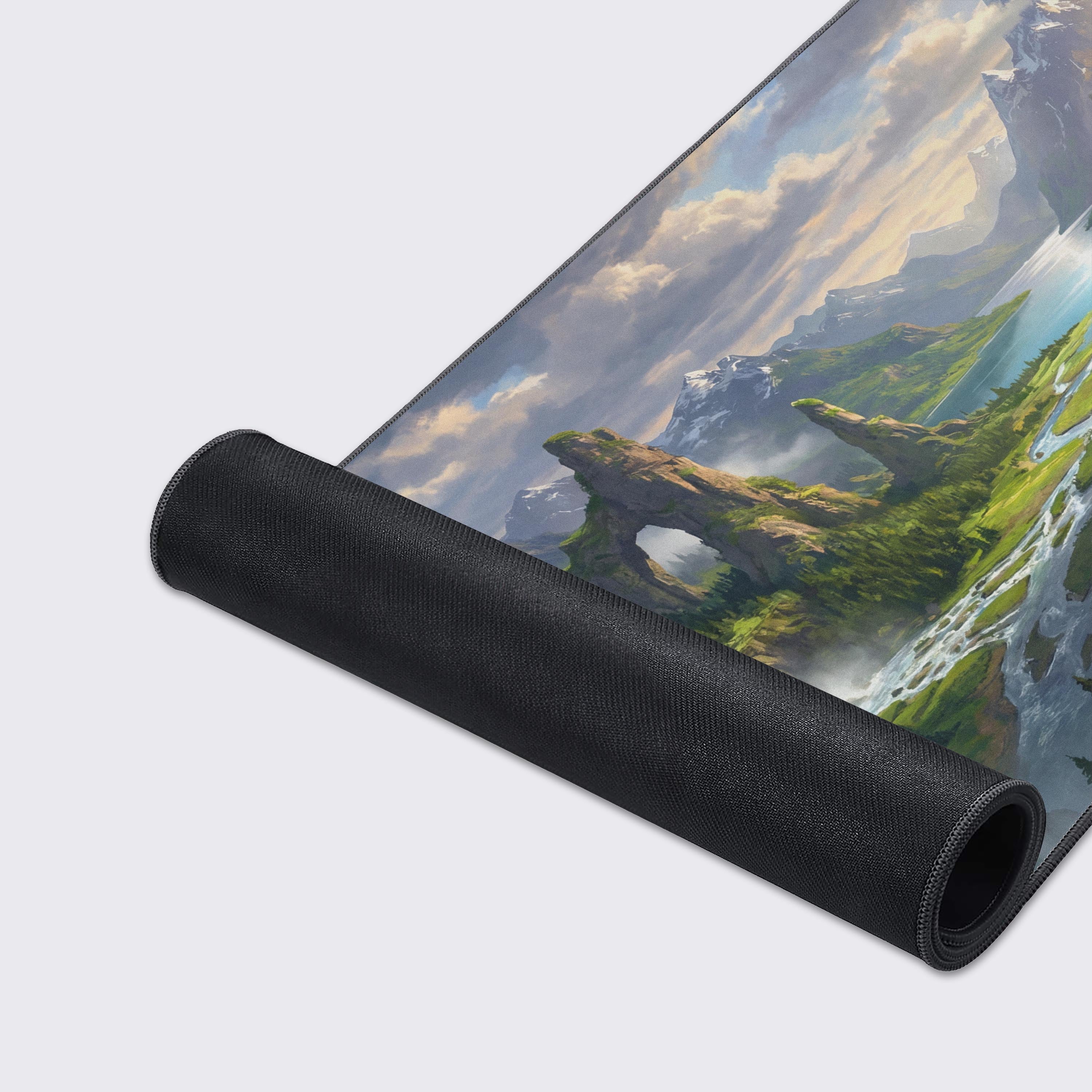 Close-up of the Majestic Valley gaming desk mat's high-quality fabric texture and durable stitched edges, highlighting the vibrant fantasy landscape artwork. - Epic Design Pads & Mousepads