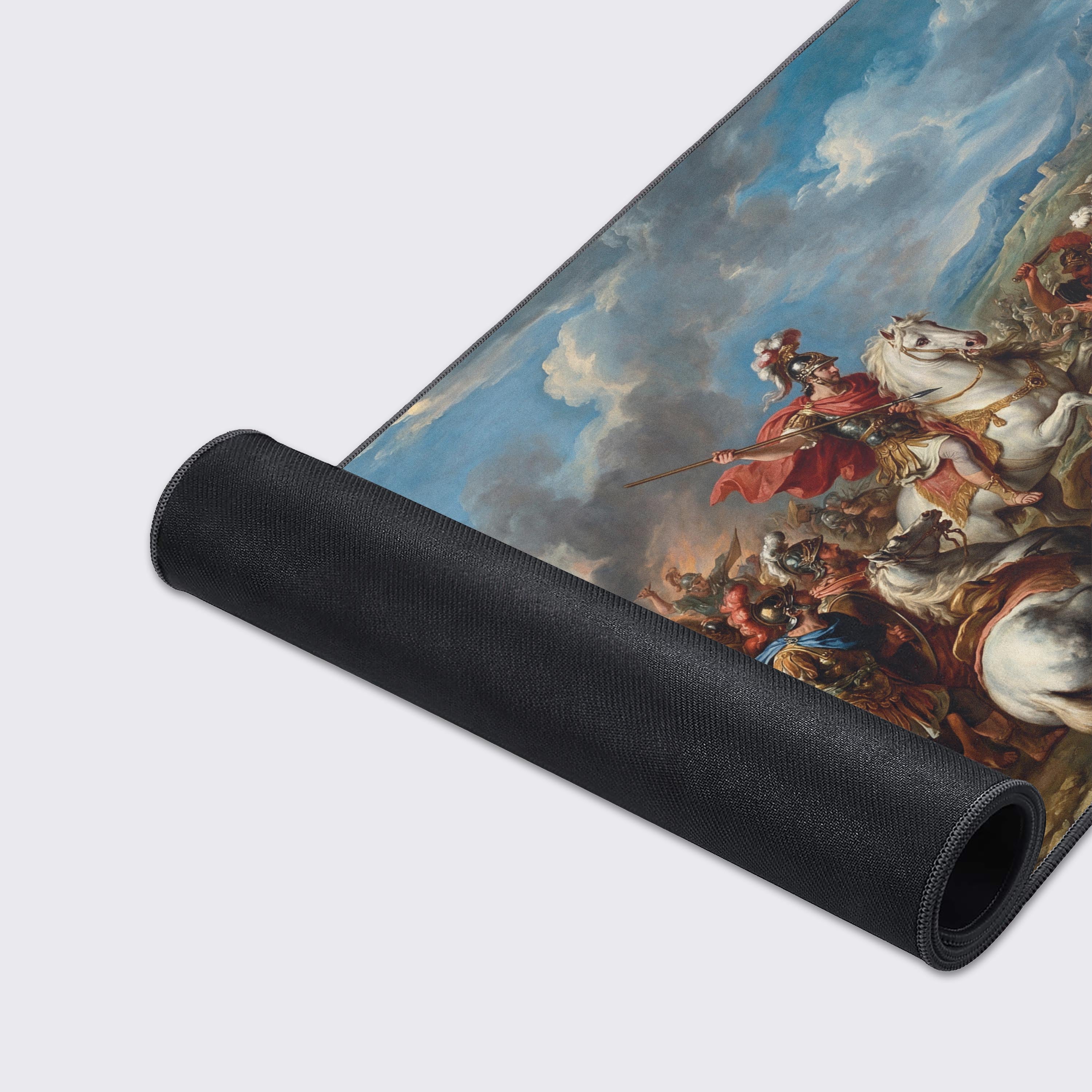 A close-up of the 'Imperial Charge' gaming desk mat highlights its smooth fabric texture and durable stitched edges, with the detailed classical painting clearly visible. - Epic Design Pads & Mousepads