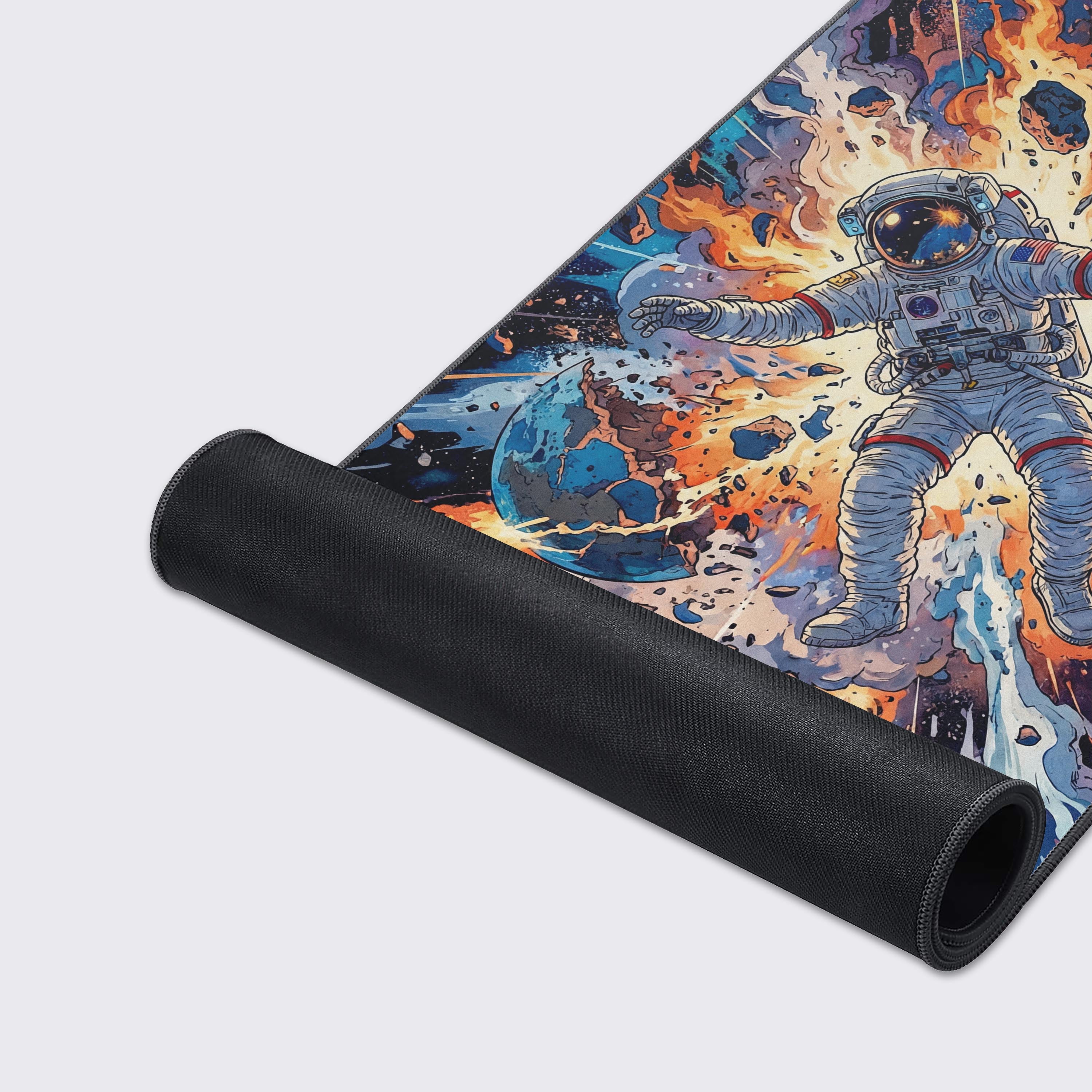 Close-up of the Space Explosion gaming desk mat showing the smooth fabric texture and durable stitched edges, with the detailed astronaut artwork visible. - Epic Design Pads & Mousepads