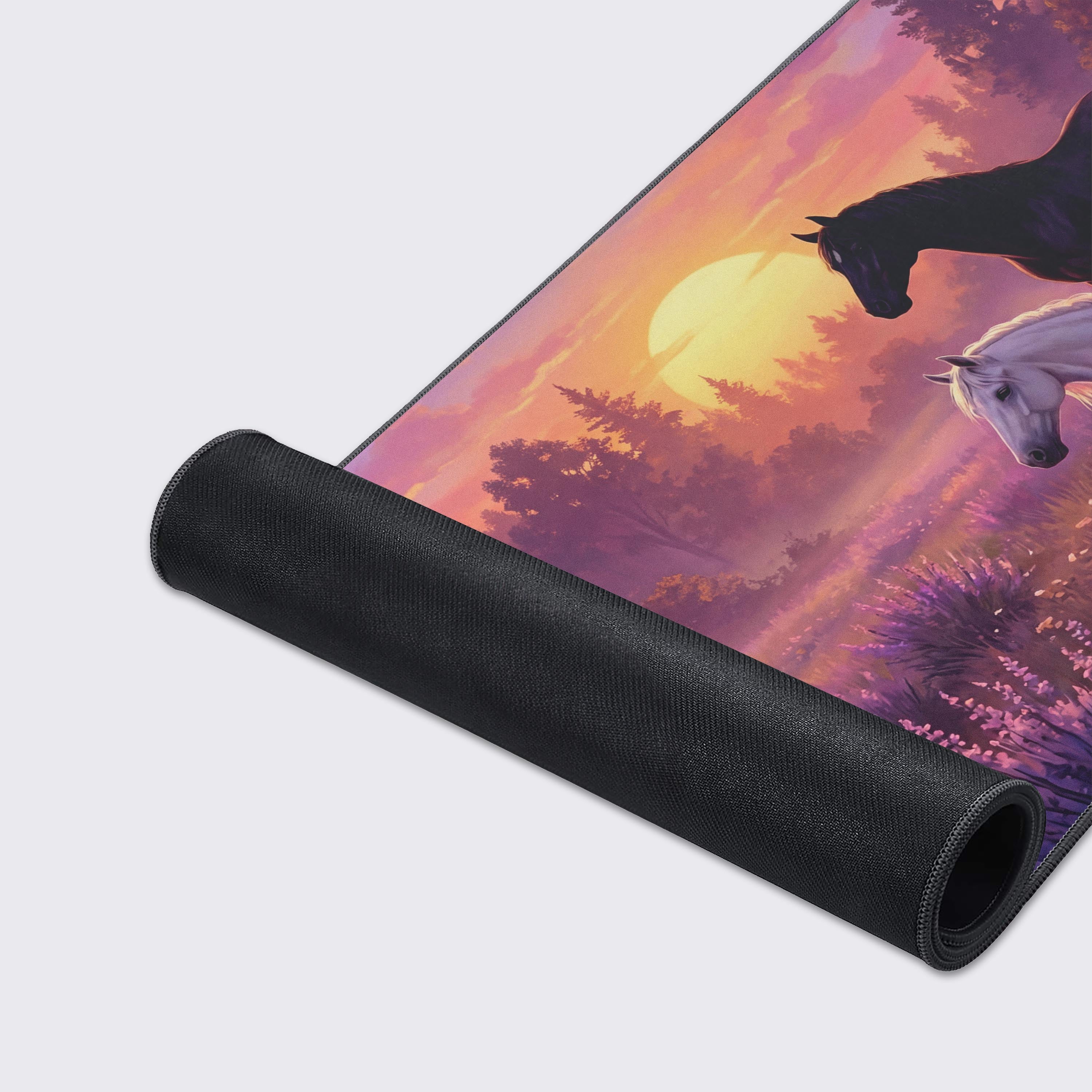 Close-up of the Equine Harmony gaming desk mat, highlighting the detailed art of a white horse and the smooth fabric texture with durable stitched edges. - Epic Design Pads & Mousepads