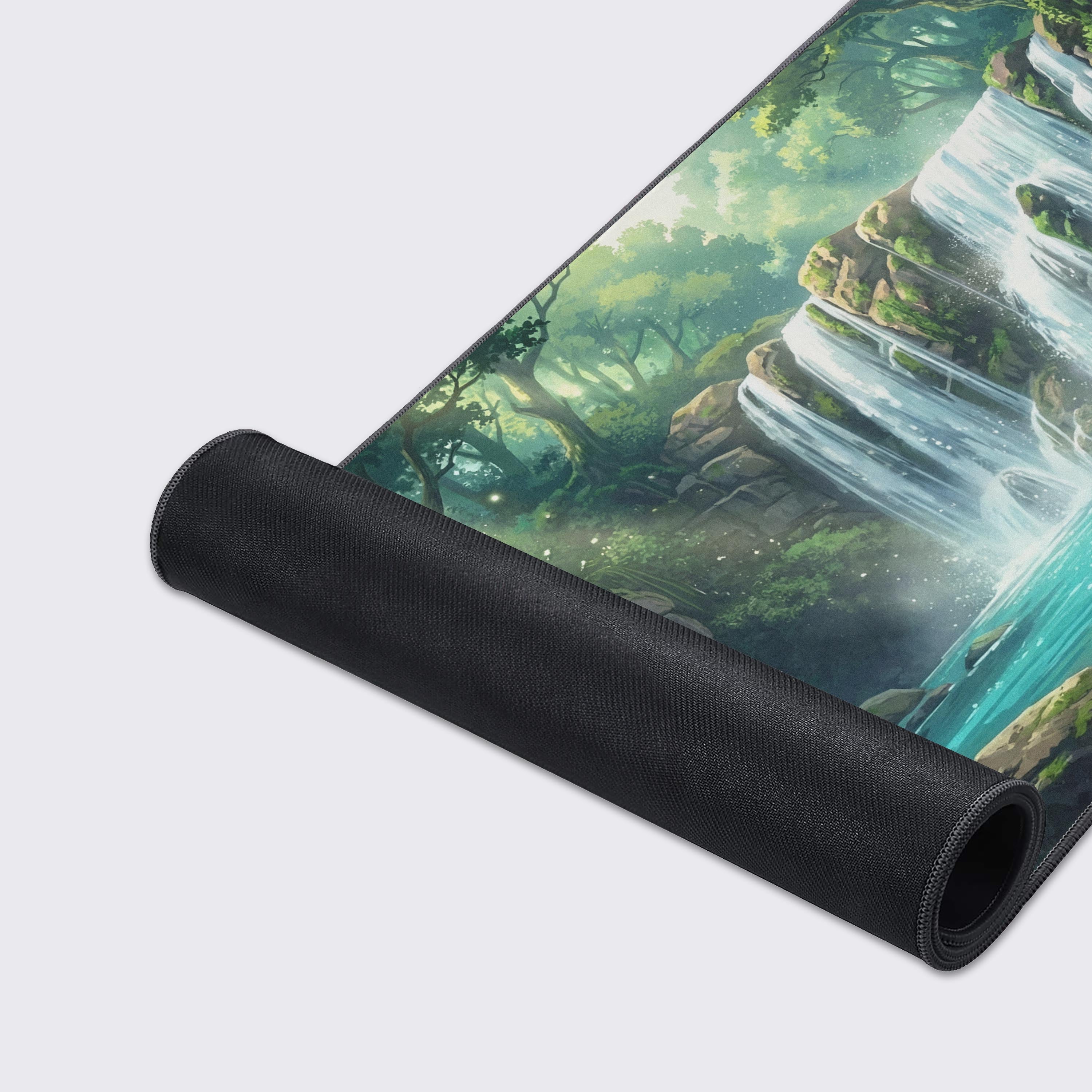 A close-up of the Verdant Flow Gaming Desk Mat showcases its smooth fabric texture and durable stitched edges on the beautiful forest design. - Epic Design Pads & Mousepads