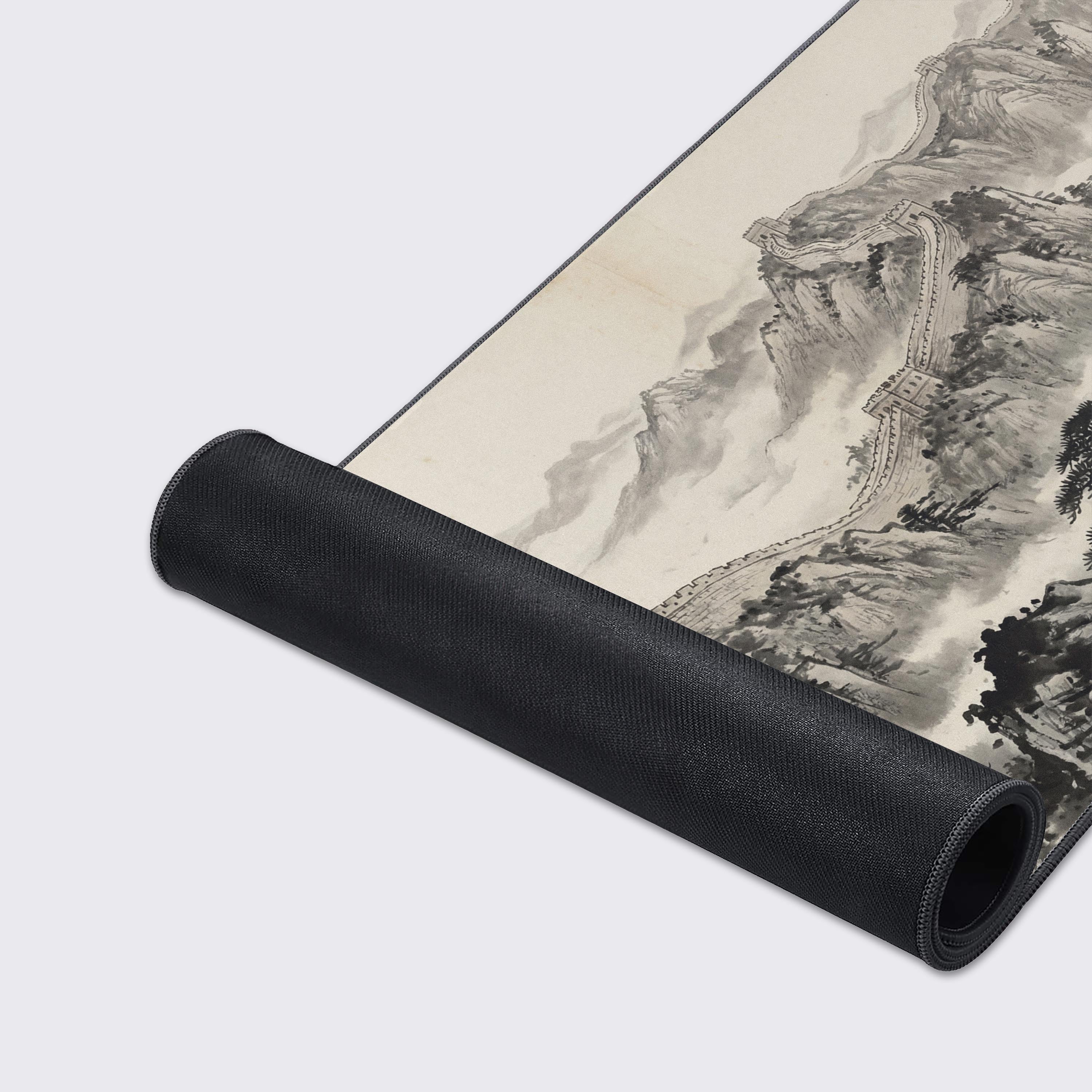 Close-up of the durable stitched edges and smooth texture of The Great Wall mouse pad, showcasing the detailed Shanshui landscape artwork. - Epic Design Pads & Mousepads