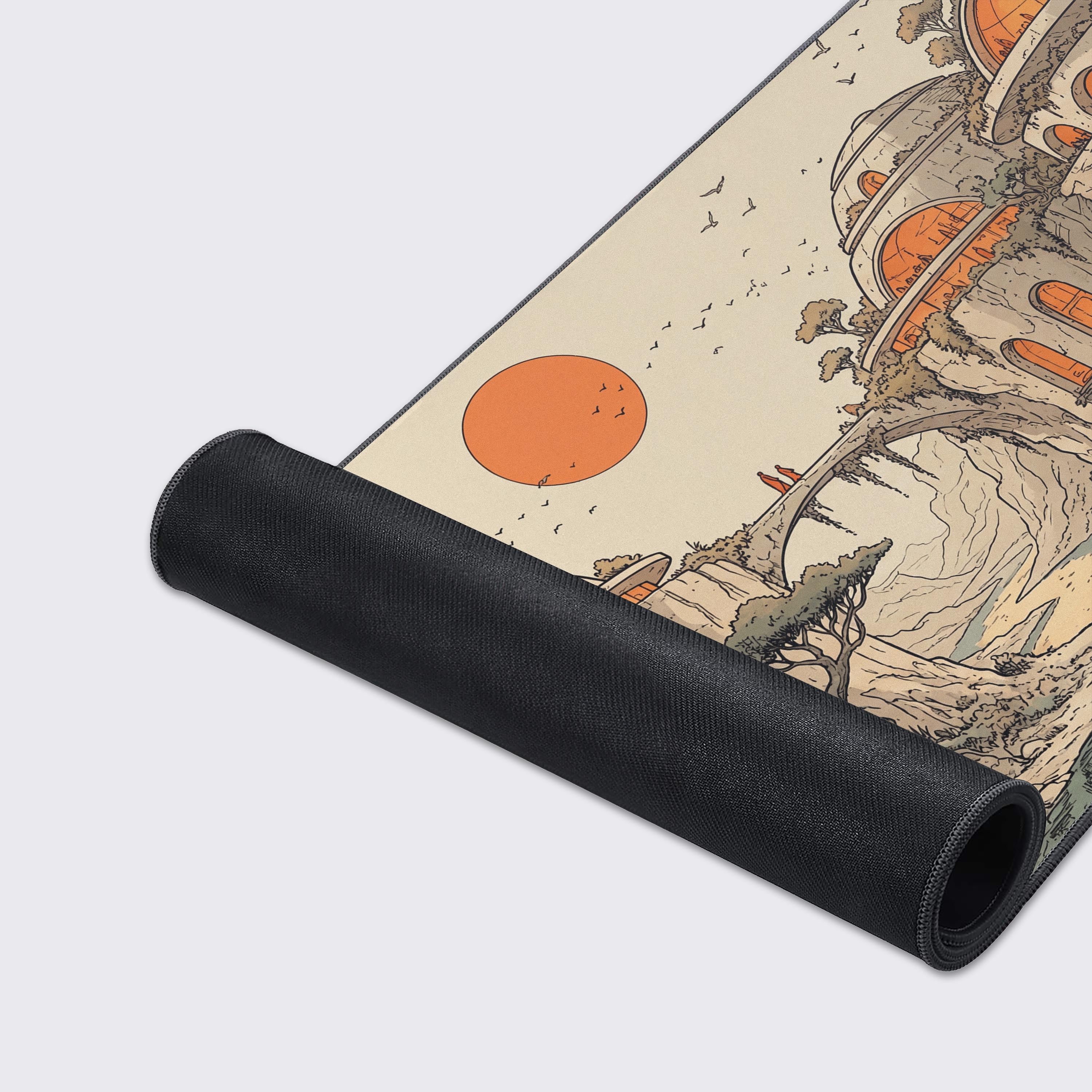 A close-up of the Utopian Canyon gaming desk mat, showing the high-quality fabric texture and durable stitched edges of the retro-futuristic landscape artwork. - Epic Design Pads & Mousepads