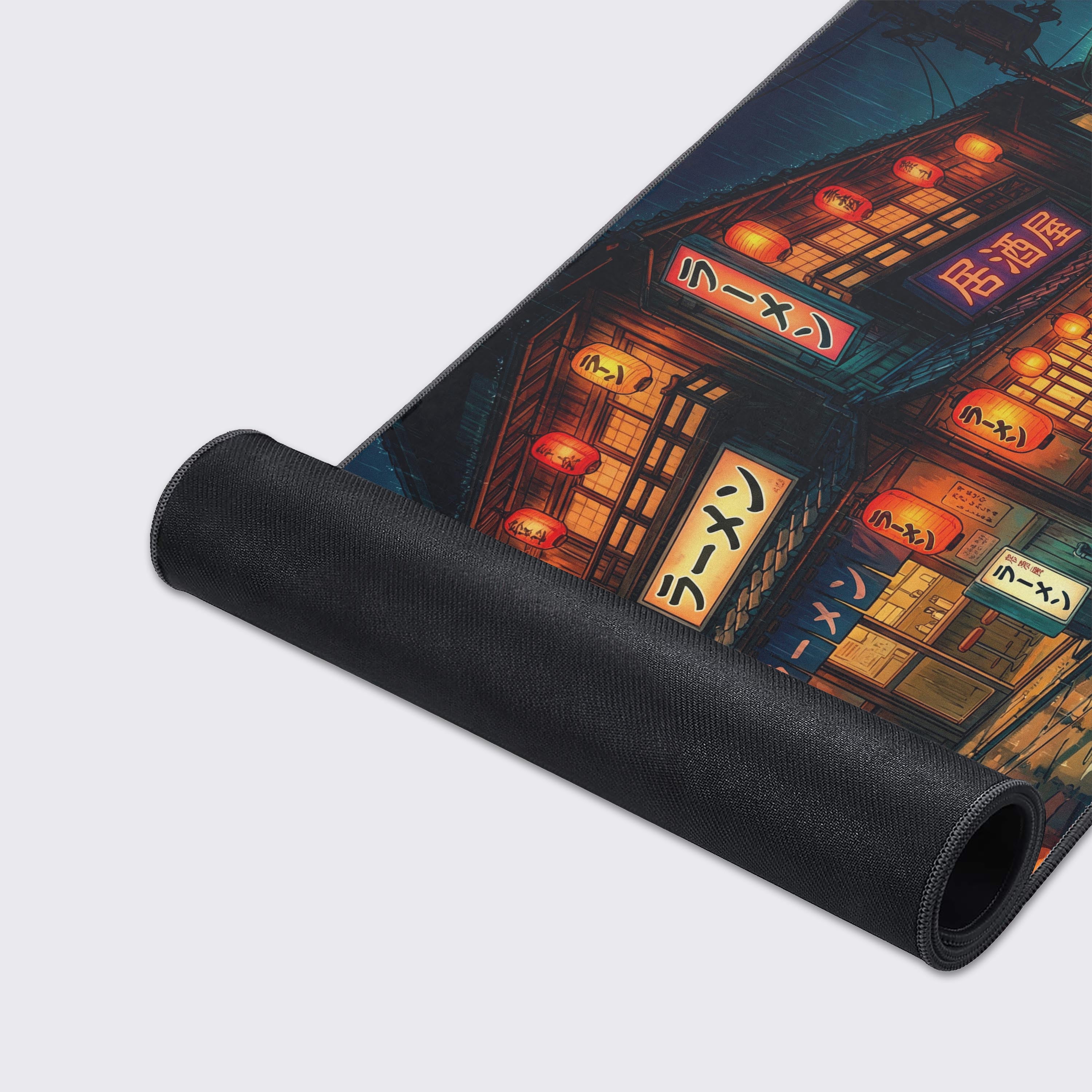 A close-up of the Rainy District Gaming Desk Mat, highlighting the detailed anime artwork and durable stitched edges of the smooth, high-quality fabric. - Epic Design Pads & Mousepads